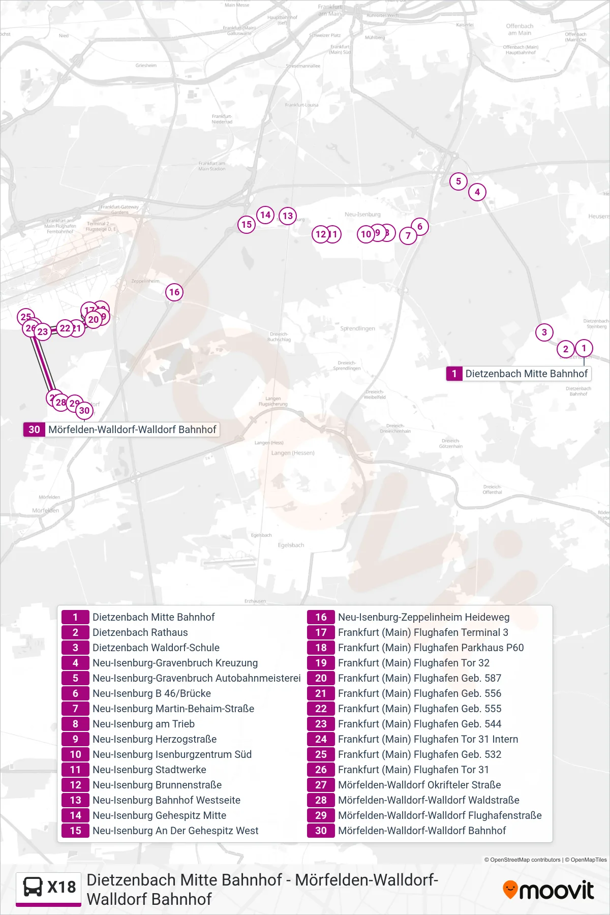 Linie X18 (Bus) Richtung Mörfelden-Walldorf-Walldorf Bahnhof: Route und Haltestellen auf der Karte