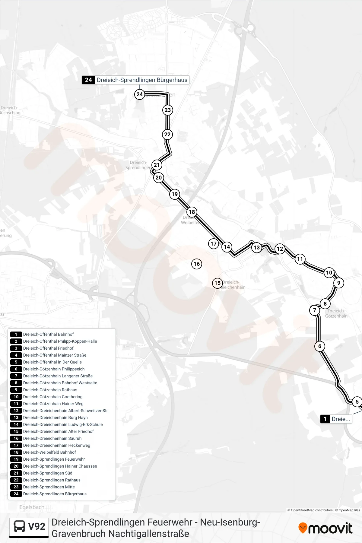 V92 bus Line (Dreieich Sprendlingen Bürgerhaus) route and stops on a map