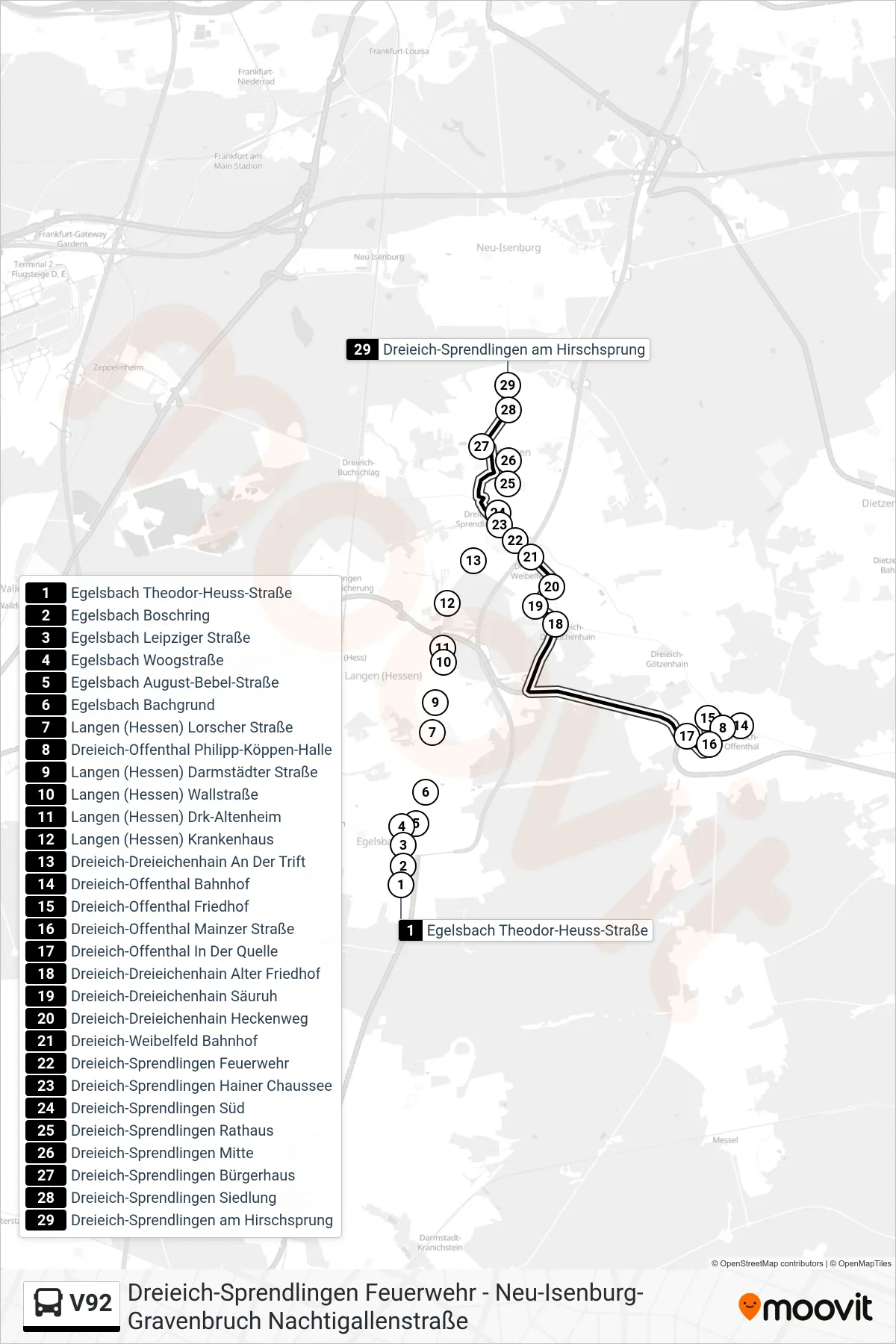 V92 bus Line (Dreieich Sprendlingen  am Hirschsprung) route and stops on a map