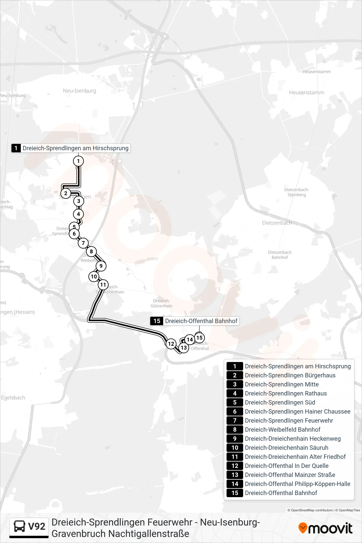 V92 bus Line (Dreieich Offenthal, Bahnhof Via Dreieichenhain Säuruh) route and stops on a map