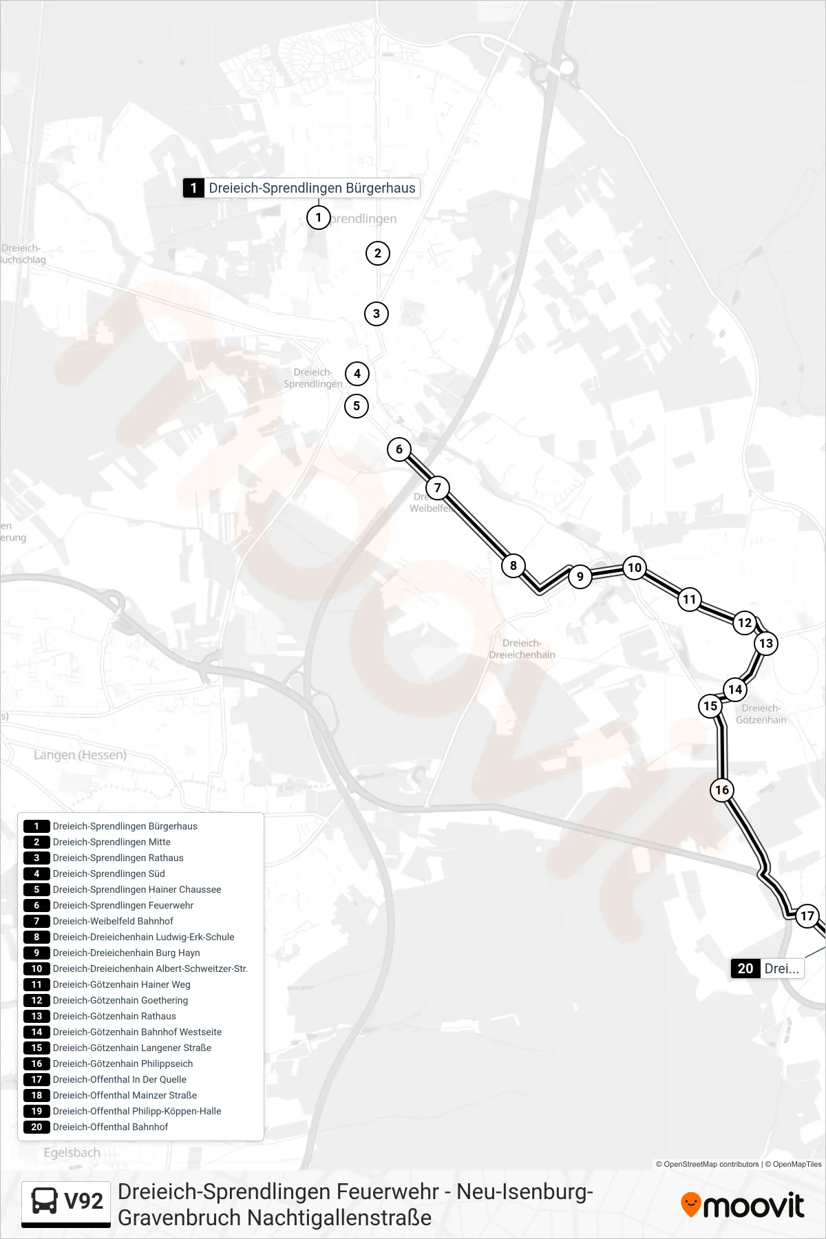 V92 bus Line (Dreieich Offenthal Bahnhof) route and stops on a map