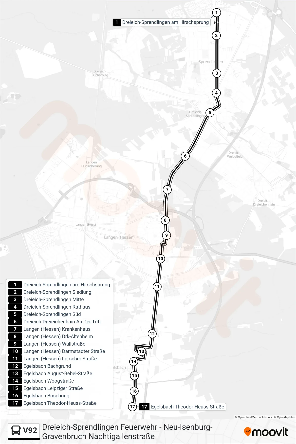 V92 bus Line (Egelsbach Theoder-Heuss-Str.) route and stops on a map