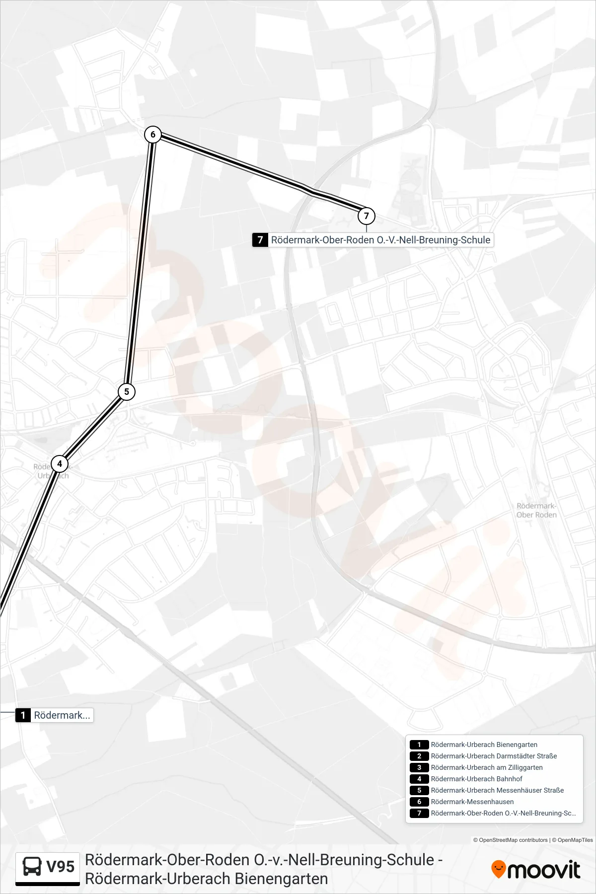 V95 bus Line (Rödermark Ober-Roden O.-V.-Nell-Breuning-Schule) route and stops on a map