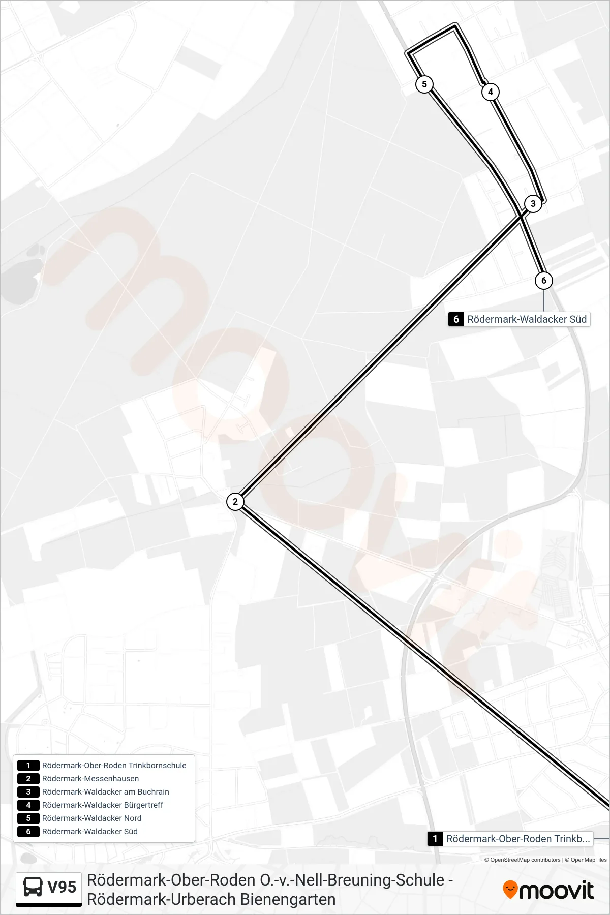V95 bus Line (Rödermark Waldacker  Süd / Via Messenhausen) route and stops on a map