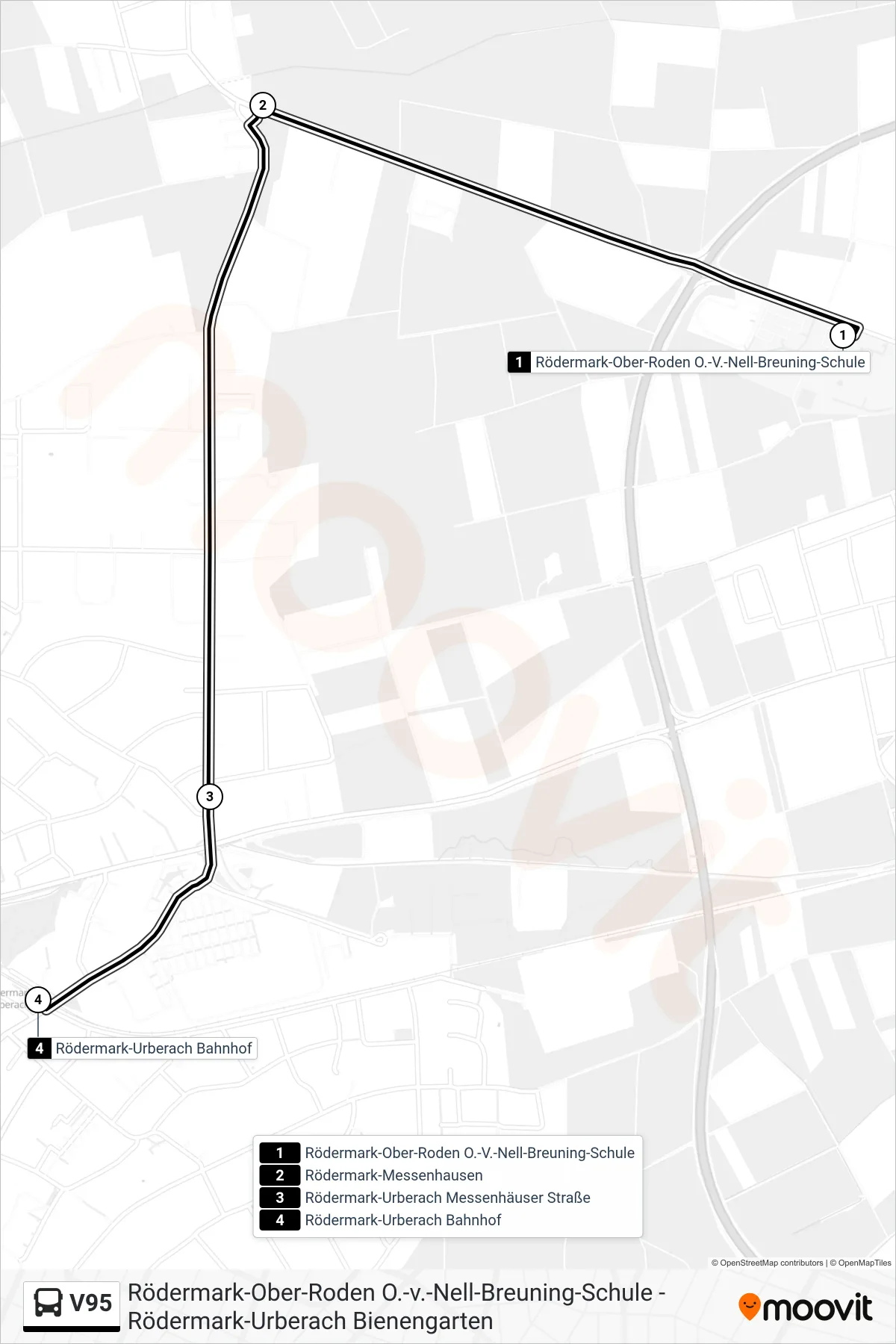 V95 bus Line (Rödermark Urberach Bahnhof) route and stops on a map