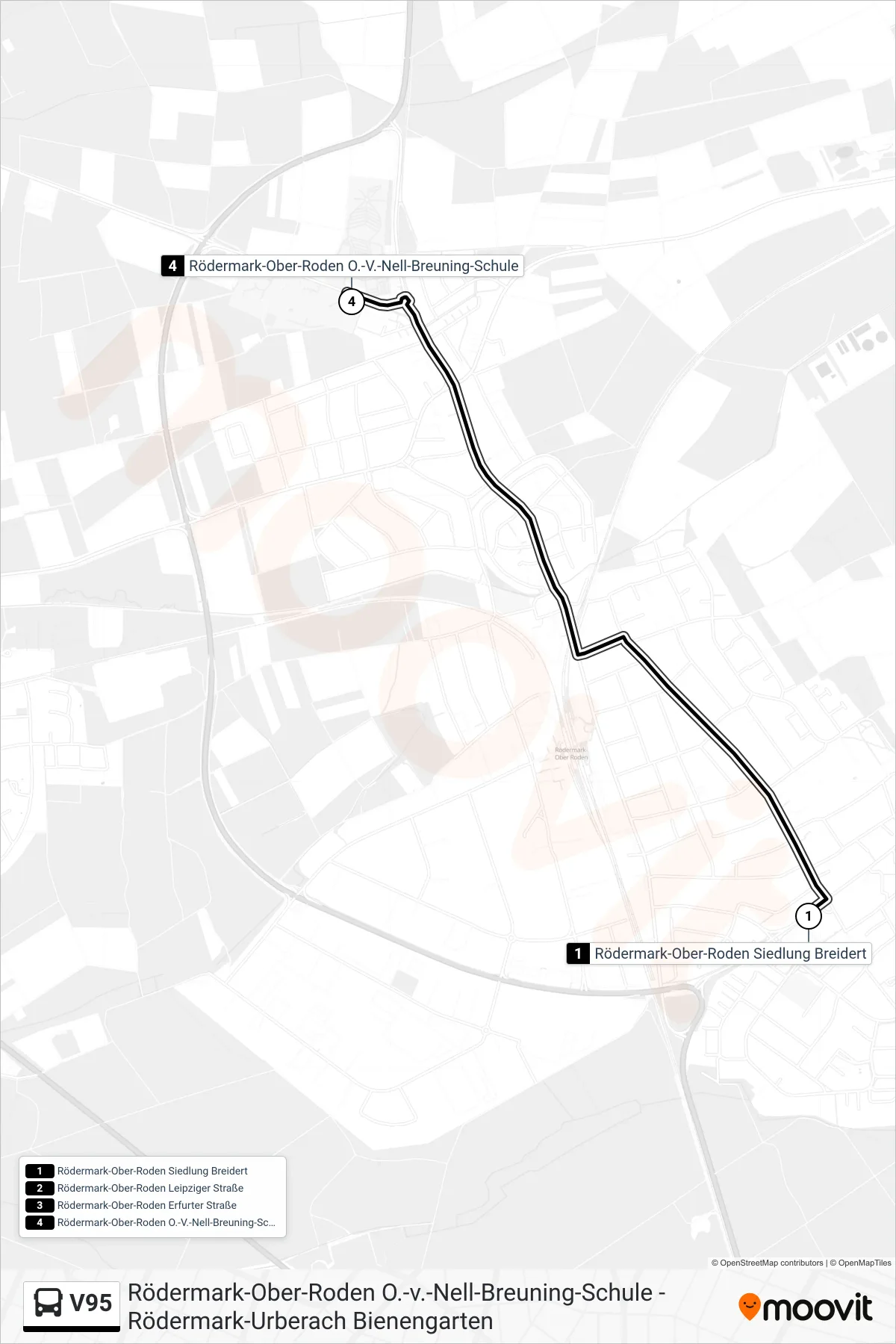 V95 bus Line (Rödermark Ober-Roden O.-V.-Nell-Breuning-Schule) route and stops on a map