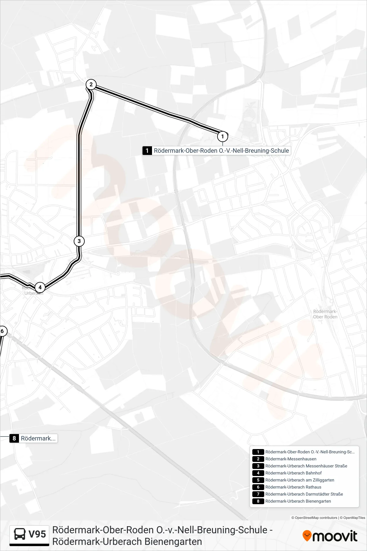 V95 bus Line (Rödermark Urberach Bienengarten) route and stops on a map