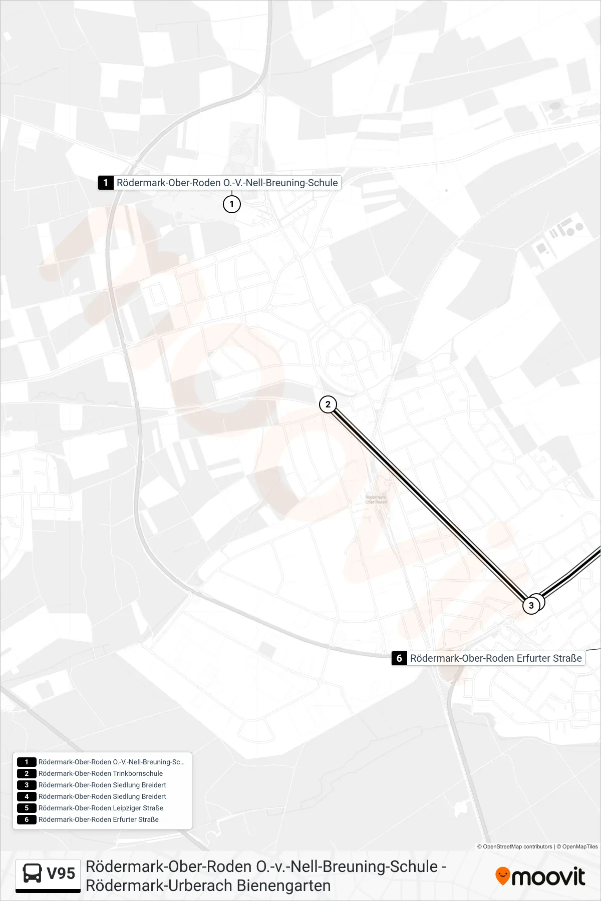 Linie V95 (Bus) Richtung Rödermark Ober-Roden Erfurter Str.: Route und Haltestellen auf der Karte