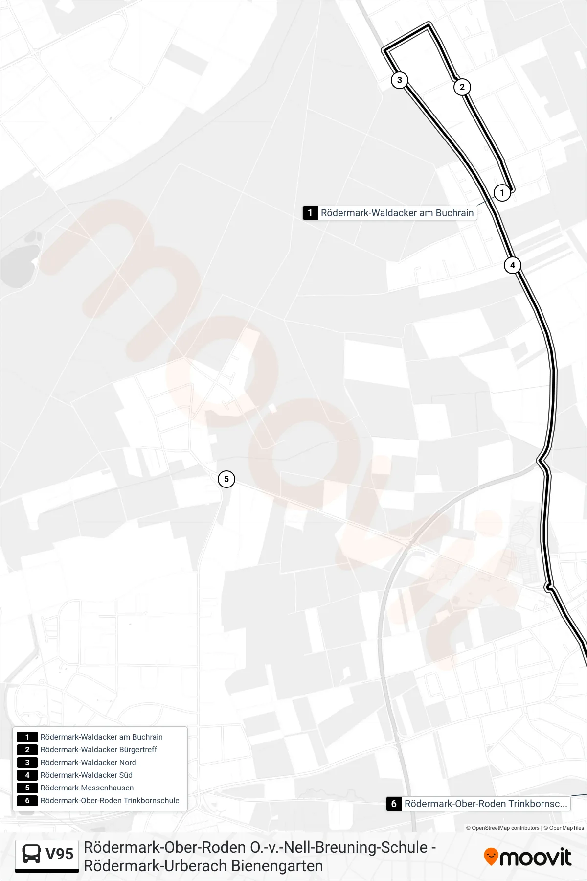 V95 bus Line (Rödermark Ober-Roden  Trinkbornschule) route and stops on a map