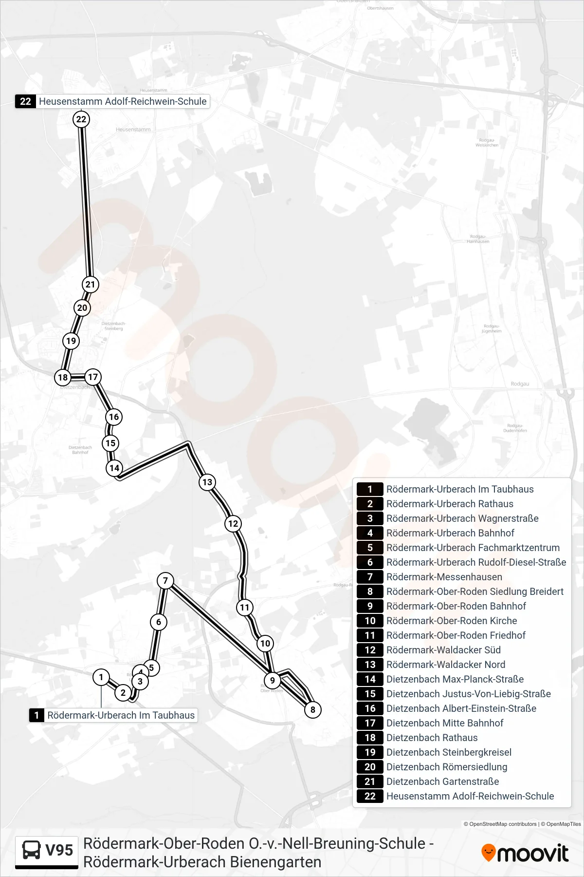 V95 bus Line (Heusenstamm A.-Reichwein-Schule) route and stops on a map