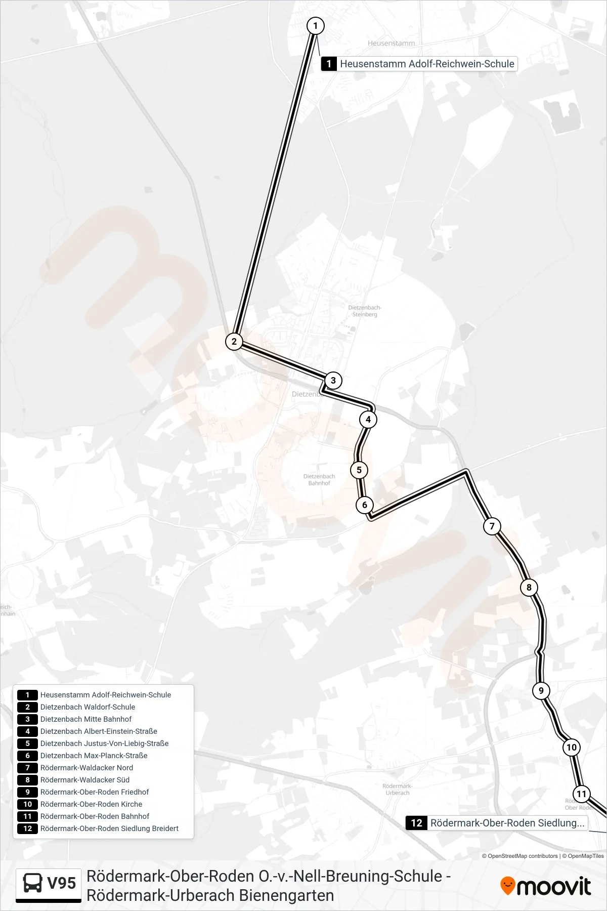 V95 bus Line (Rödermark Ober-Roden Siedlung Breidert) route and stops on a map