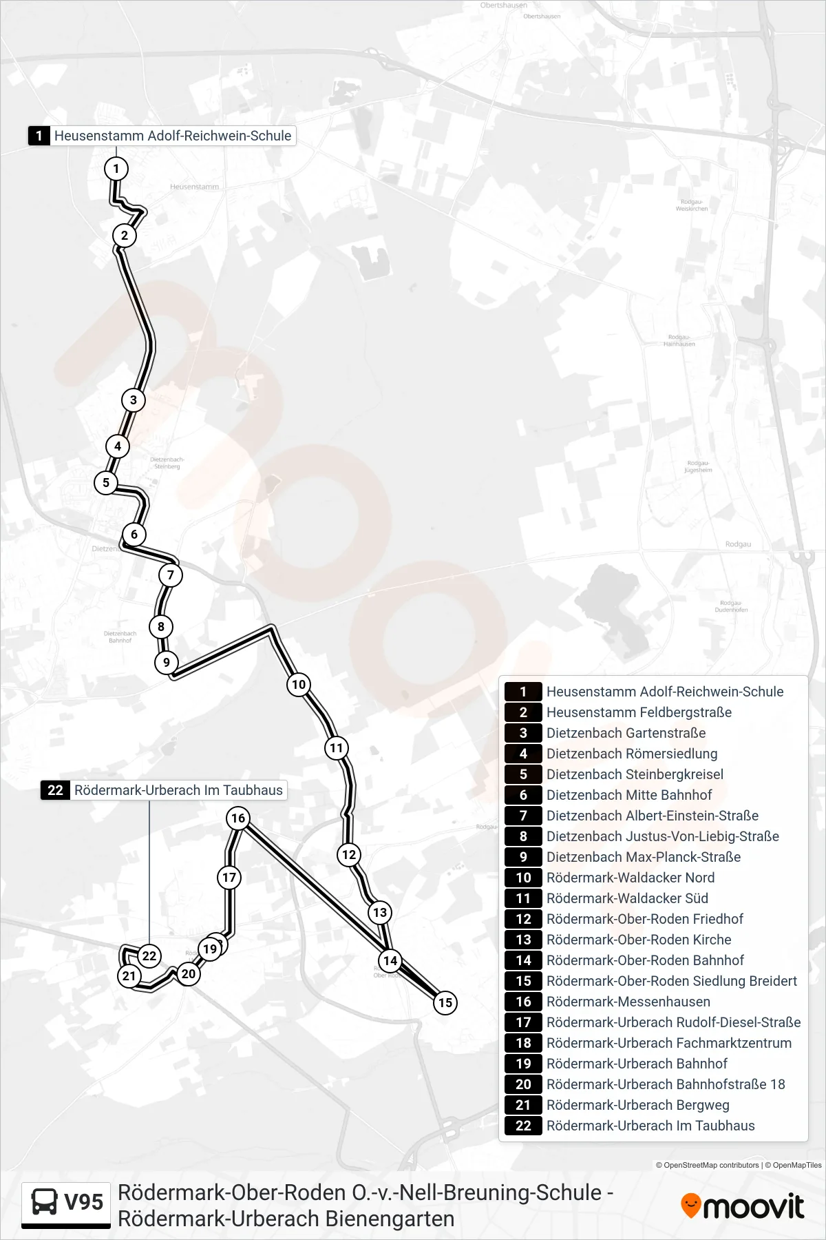 V95 bus Line (Rödermark Urberach Im Taubhaus) route and stops on a map