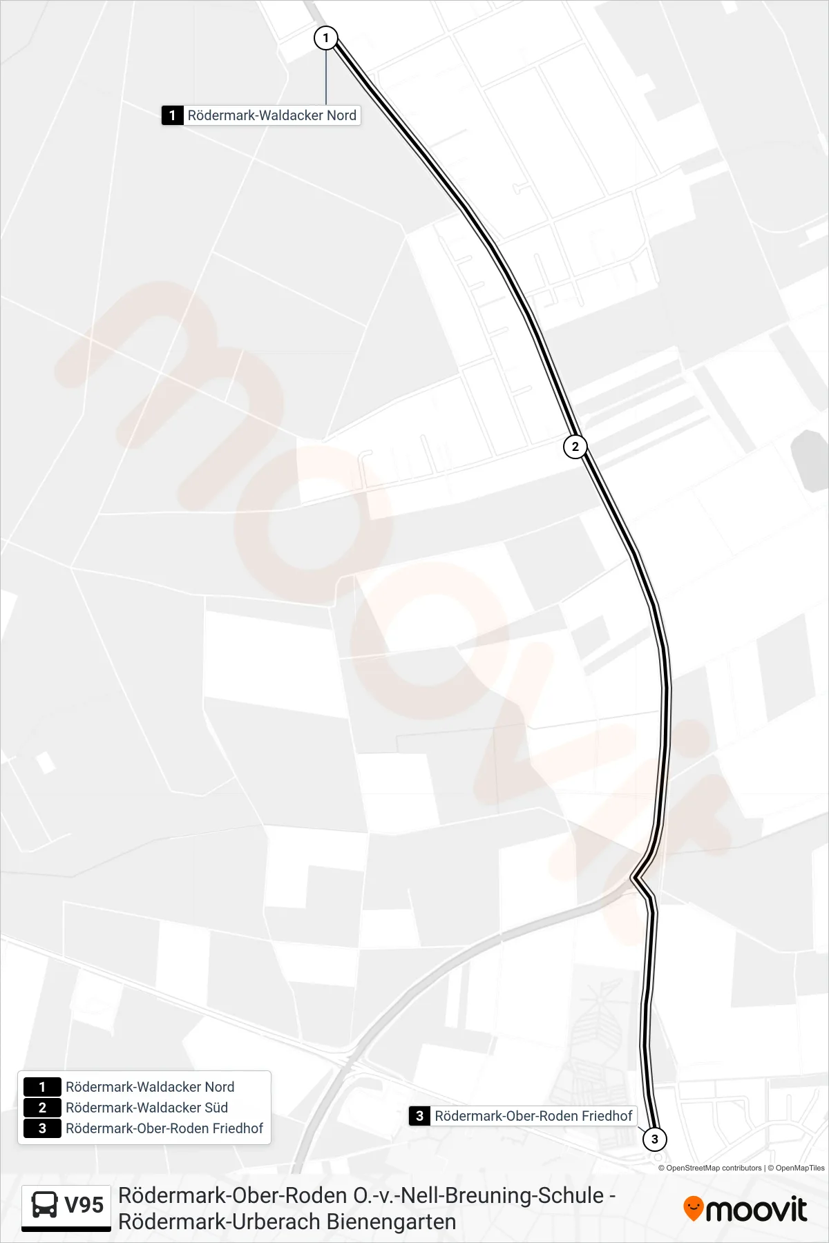 V95 bus Line (Rödermark Ober-Roden Friedhof) route and stops on a map