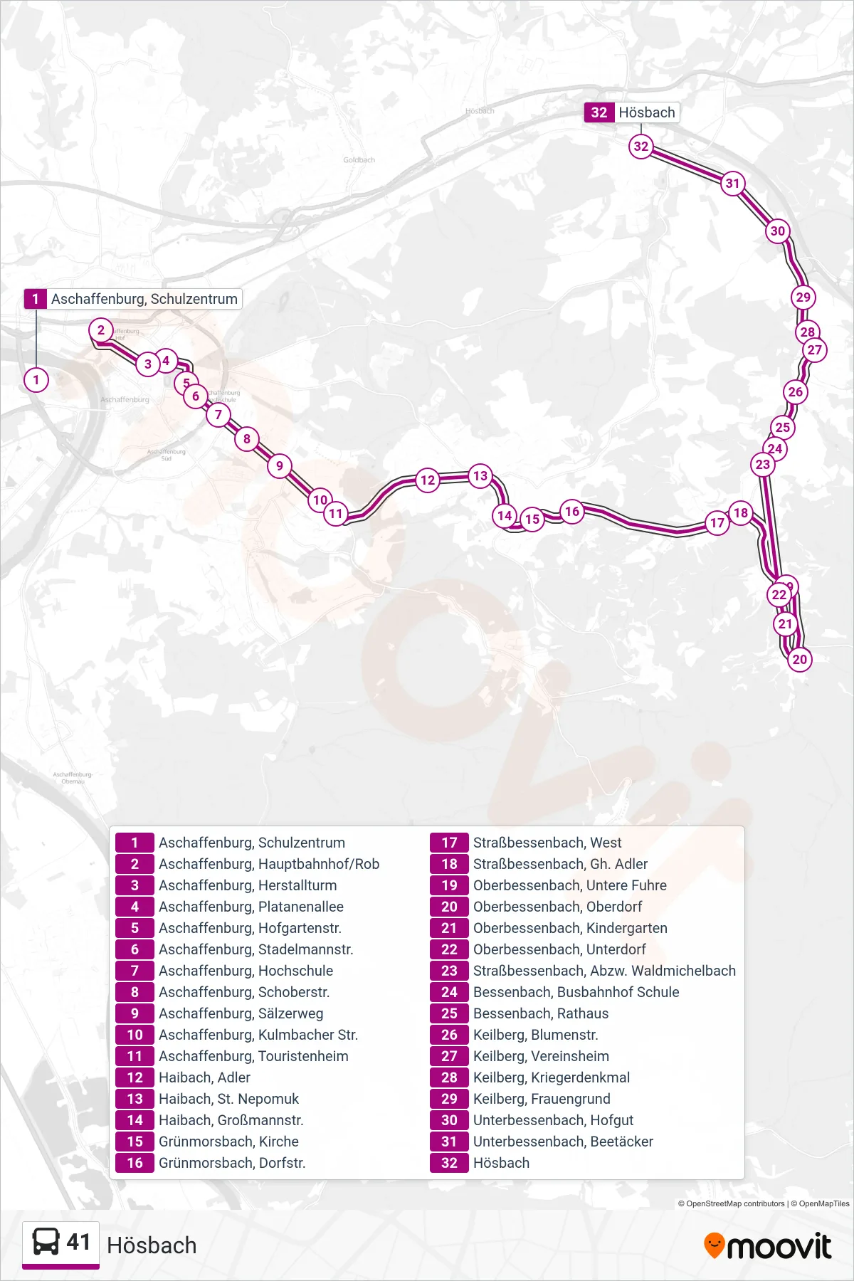 41 bus Line (Hösbach) route and stops on a map