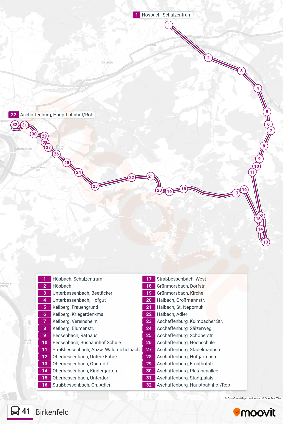 41 bus Line (Birkenfeld) route and stops on a map