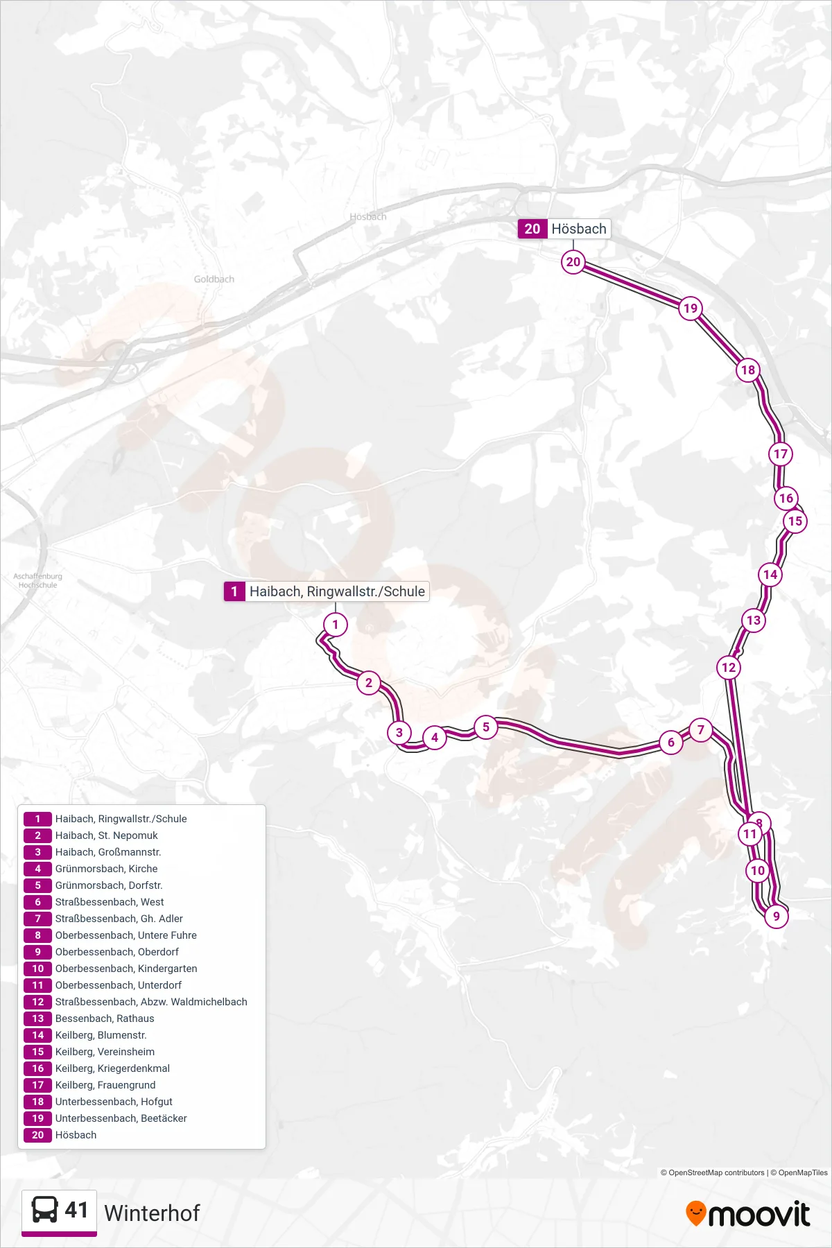 41 bus Line (Winterhof) route and stops on a map