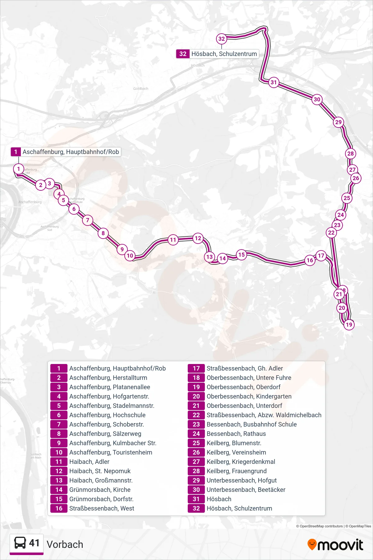 41 bus Line (Vorbach) route and stops on a map