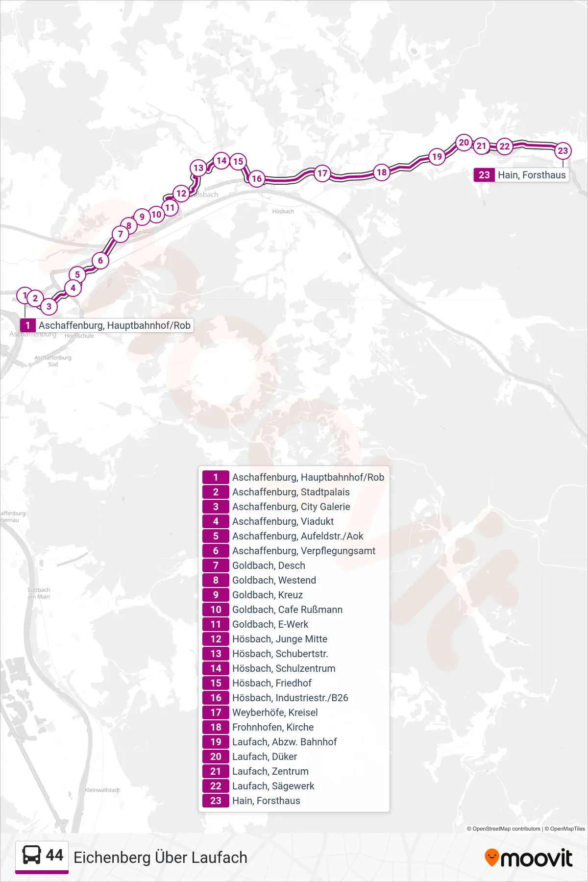 Linie 44 (Bus) Richtung Eichenberg Über Laufach: Route und Haltestellen auf der Karte