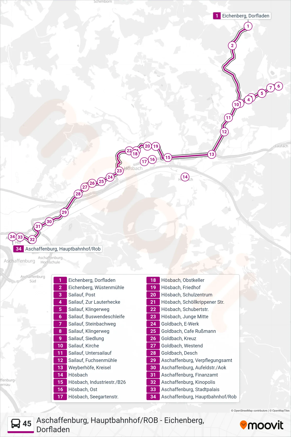 45 bus Line (Birkenfeld) route and stops on a map
