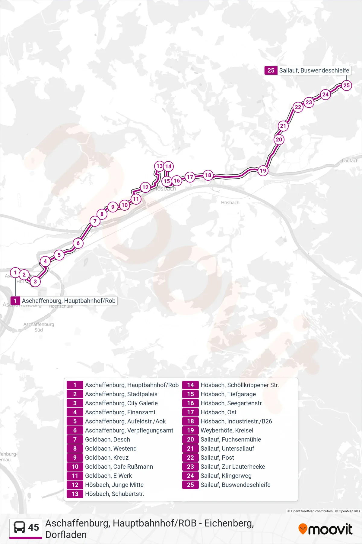 45 bus Line (Sailauf Buswendeschleife) route and stops on a map