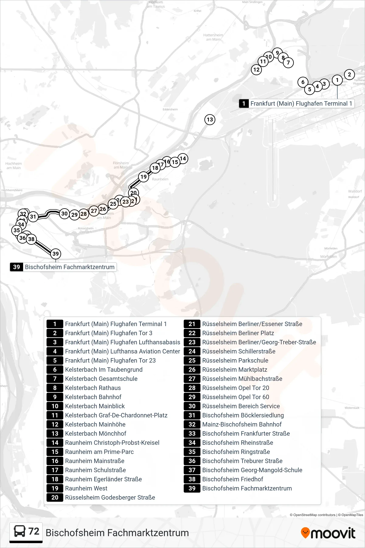 72 bus Line (Bischofsheim Fachmarktzentrum) route and stops on a map