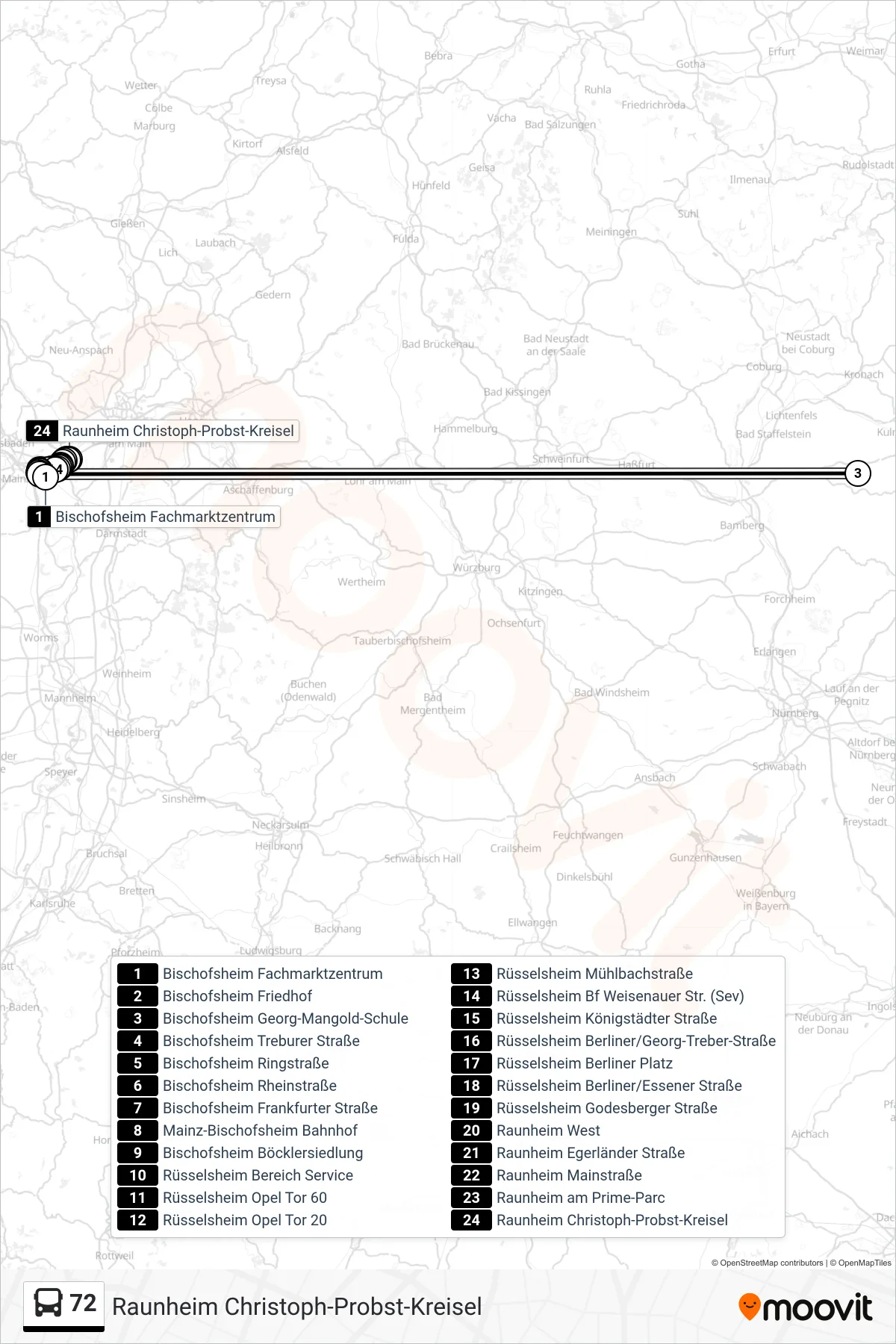 72 bus Line (Raunheim Christoph-Probst-Kreisel) route and stops on a map