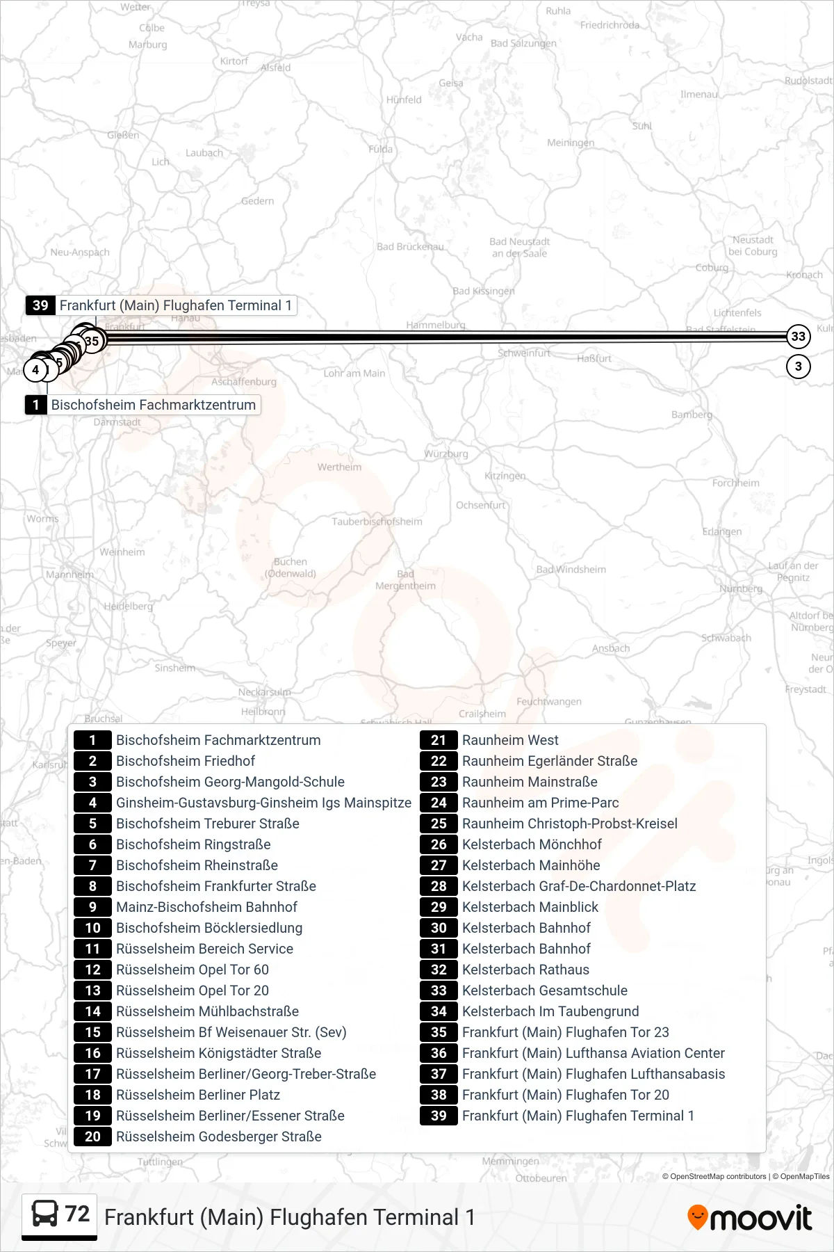 72 bus Line (Frankfurt (Main) Flughafen Terminal 1) route and stops on a map