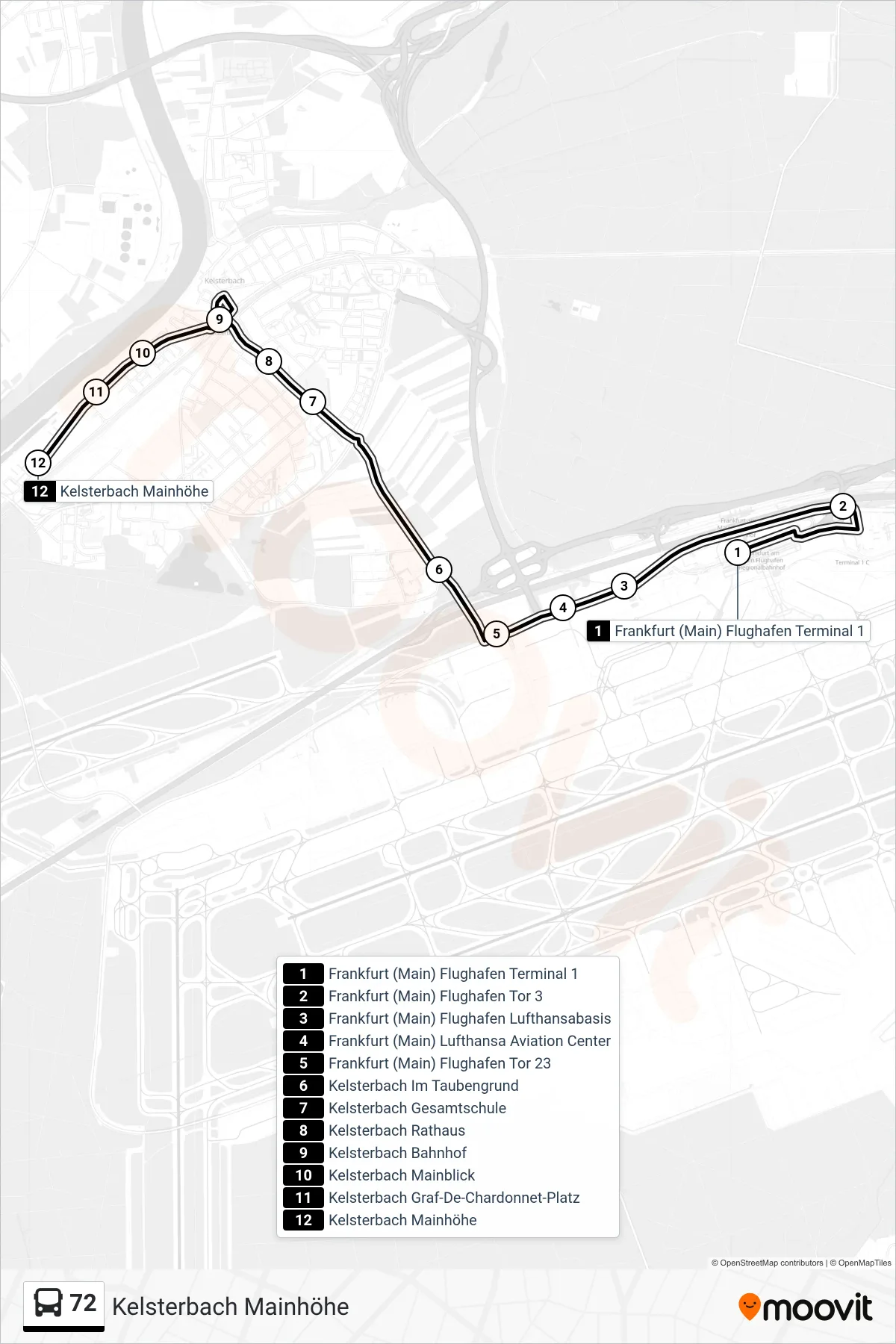 72 bus Line (Kelsterbach Mainhöhe) route and stops on a map