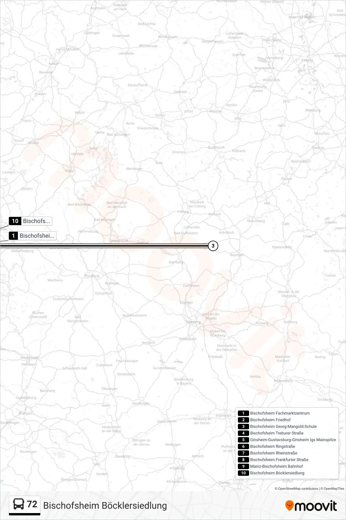 72 bus Line (Bischofsheim Böcklersiedlung) route and stops on a map