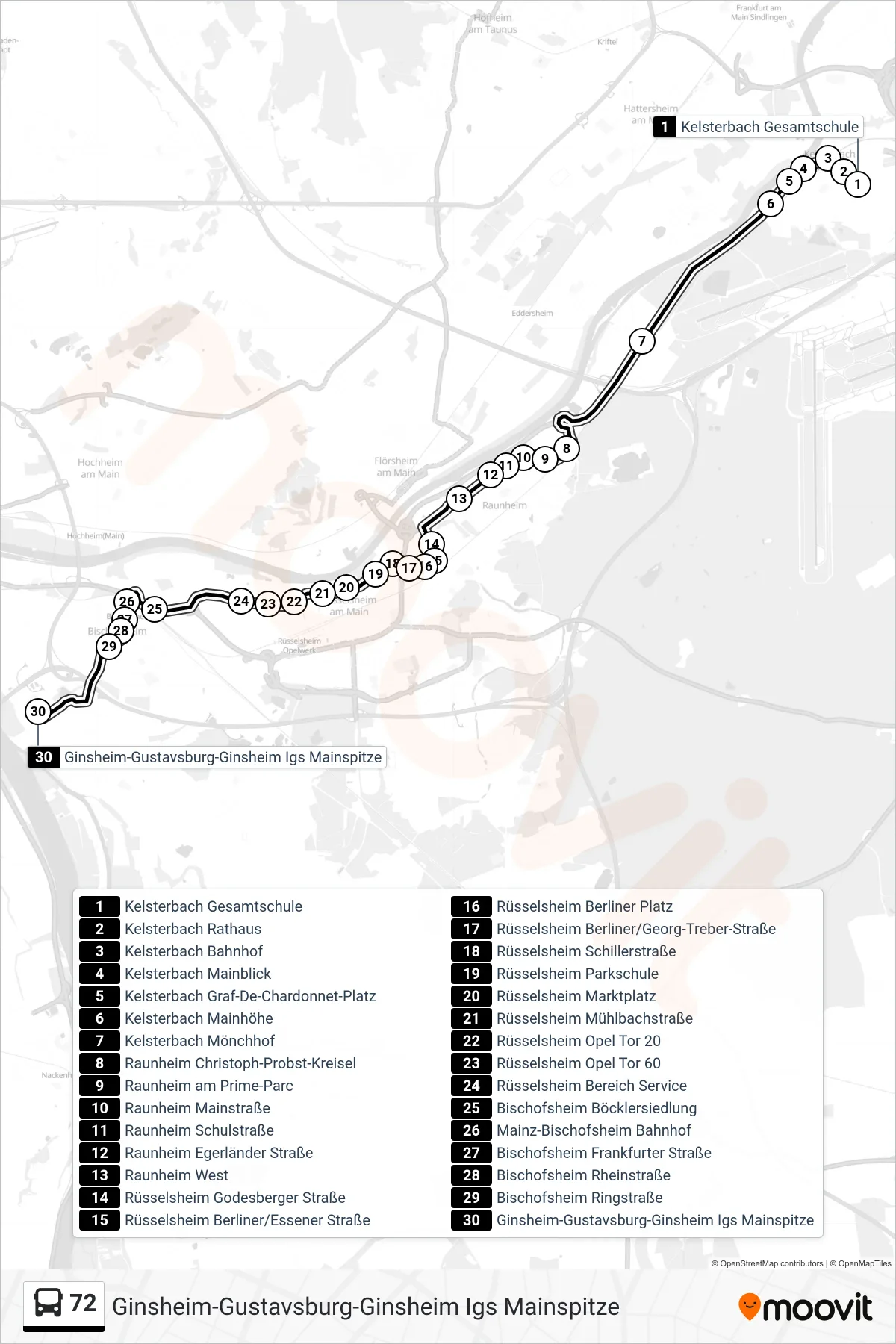 72 bus Line (Ginsheim-Gustavsburg-Ginsheim Igs Mainspitze) route and stops on a map