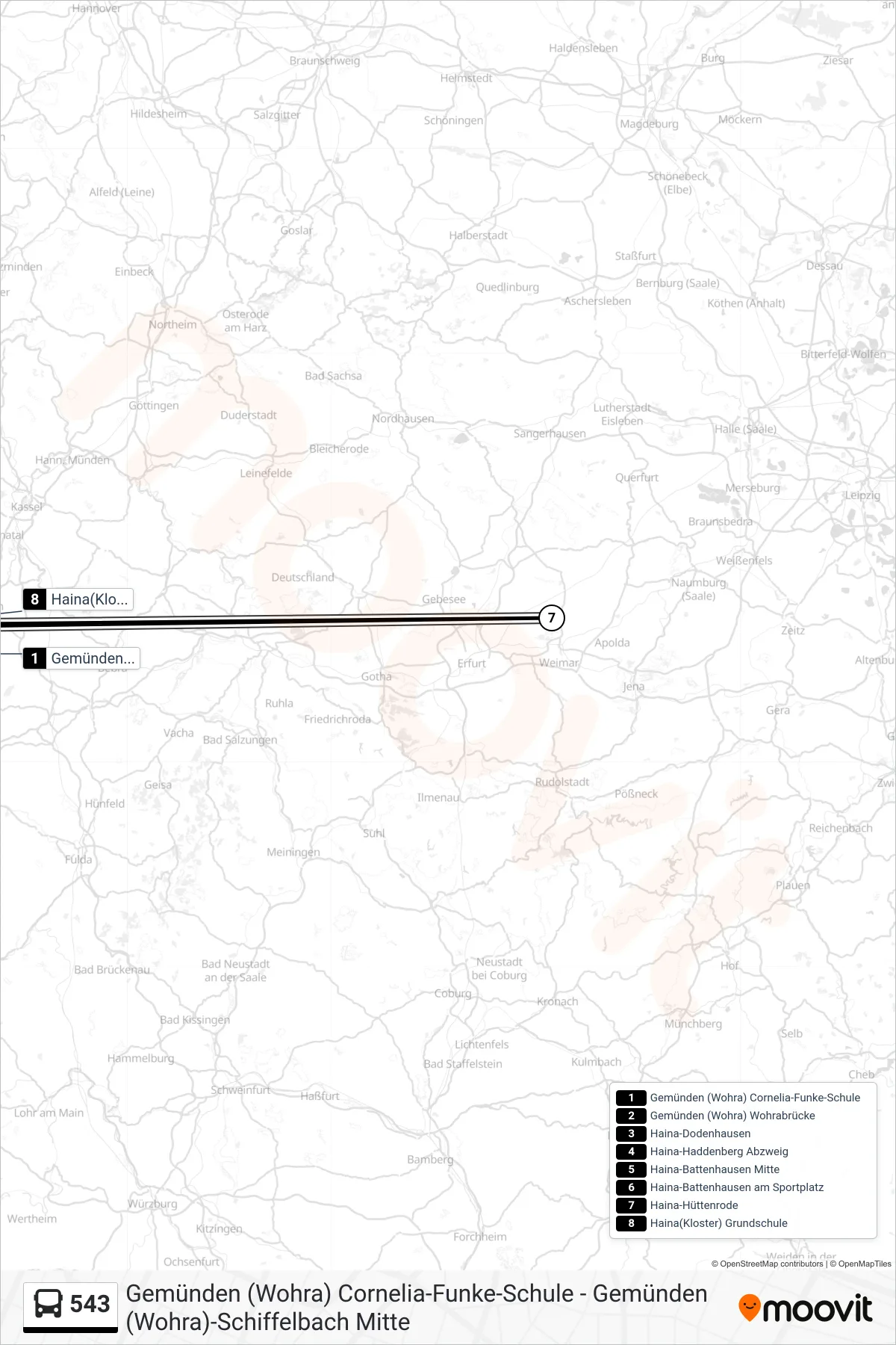543 bus Line (Haina) route and stops on a map