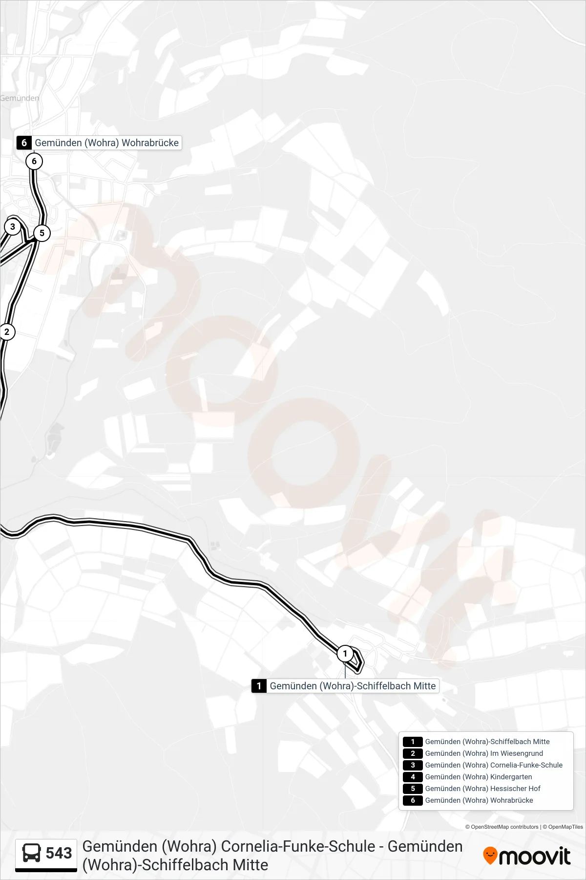 543 bus Line (Gemünden (Wohra) Wohrabrücke) route and stops on a map