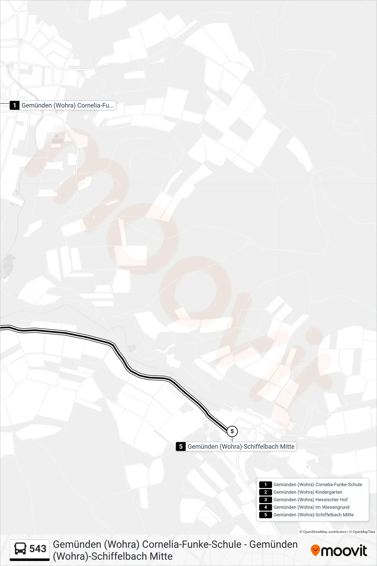 543 bus Line (Gemünden-Schiffelbach) route and stops on a map