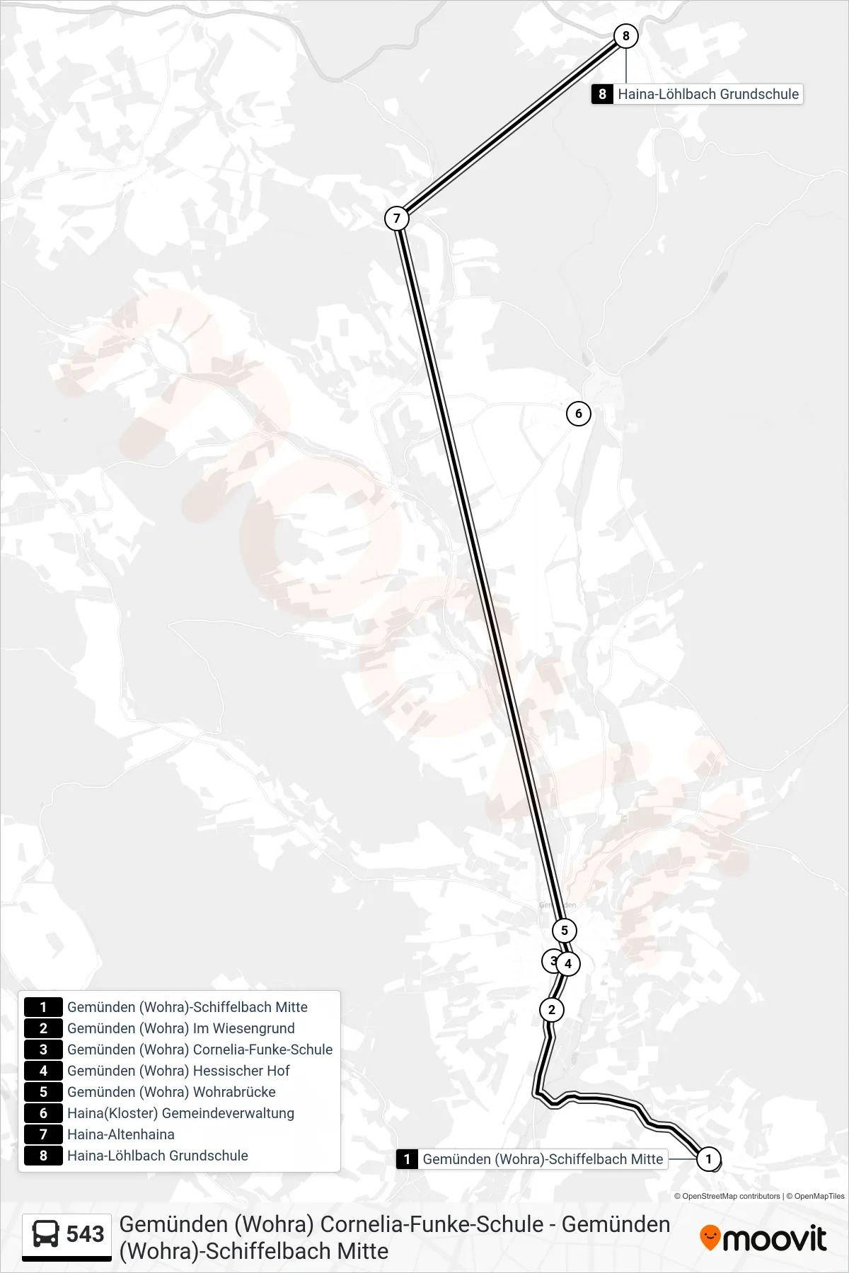 543 bus Line (Löhlbach Grundschule) route and stops on a map