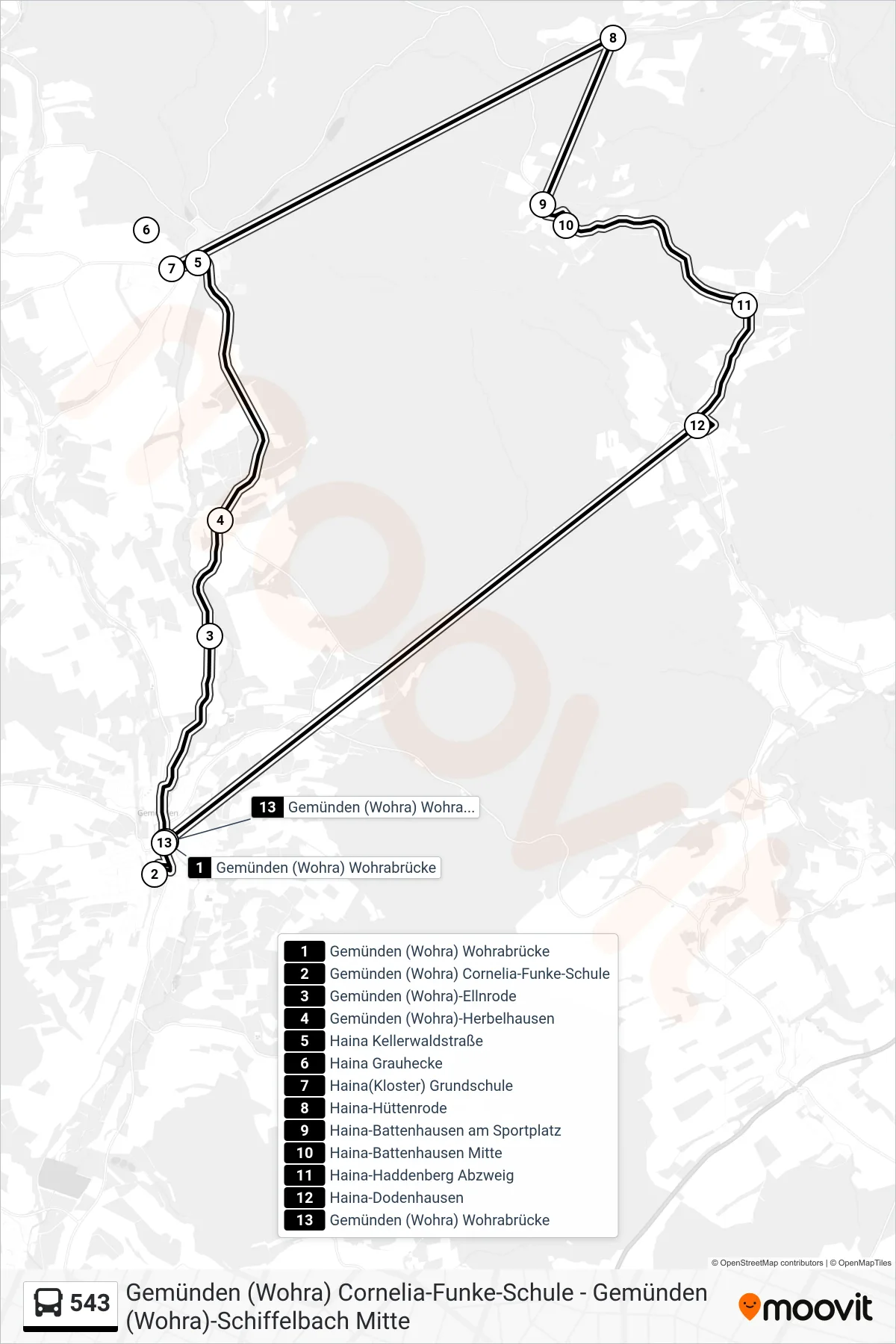 543 bus Line (Gemünden (Wohra) Cornelia-Funke-Schule) route and stops on a map