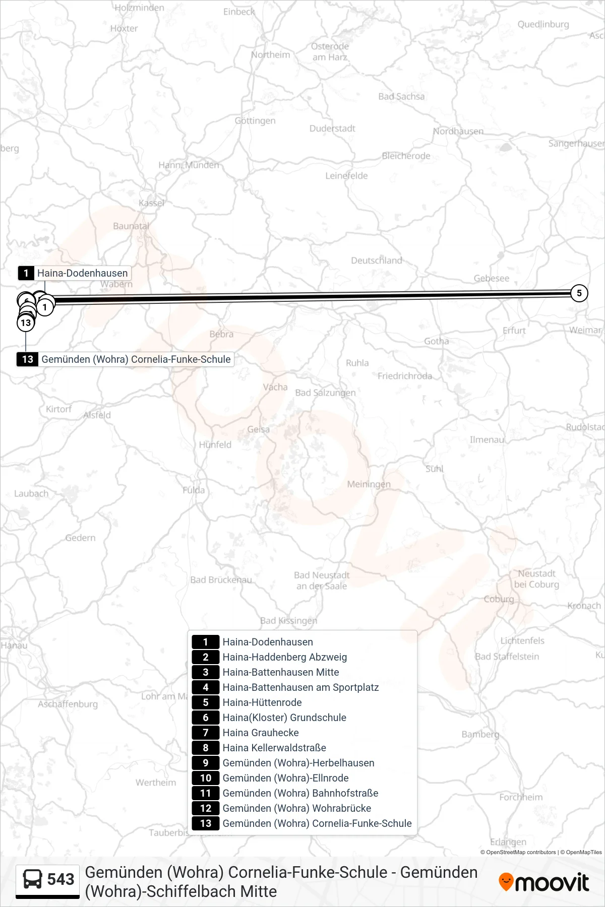 543 bus Line (Gemünden Cornelia-Funke-Schule) route and stops on a map