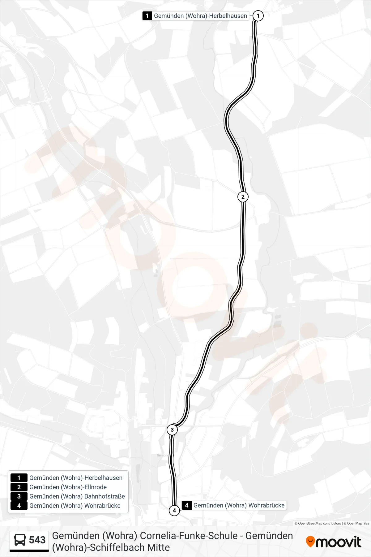 543 bus Line (Gemünden) route and stops on a map