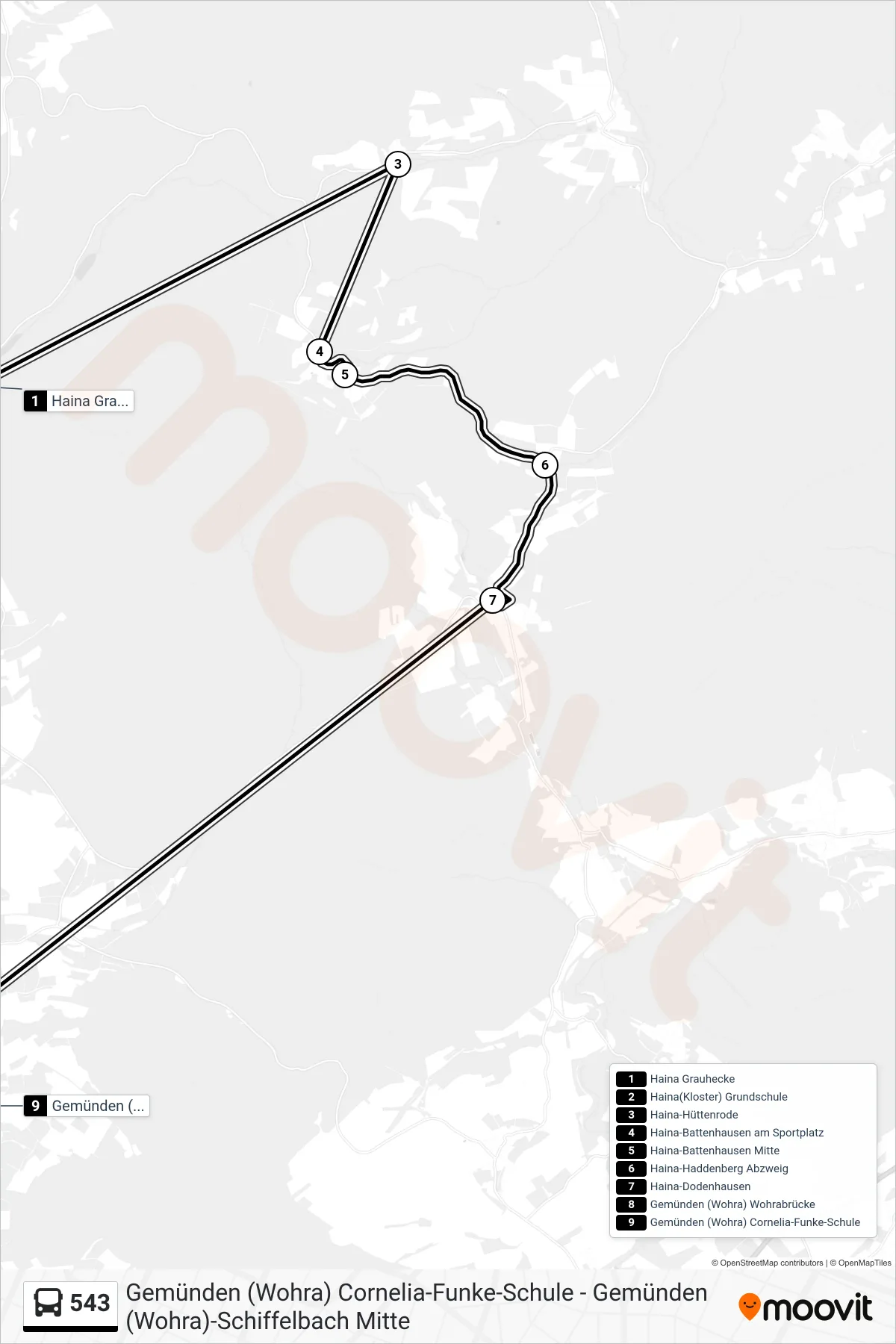 543 bus Line (Gemünden Cornelia-Funke-Schule) route and stops on a map