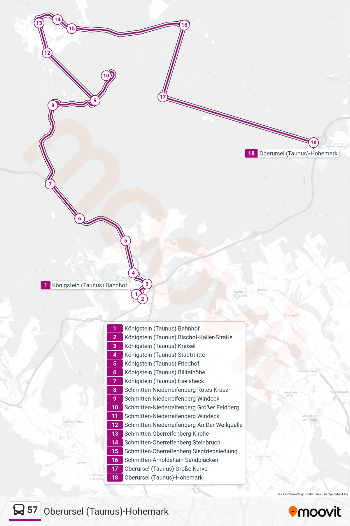 Linie 57 (Bus) Richtung Oberursel (Taunus)-Hohemark: Route und Haltestellen auf der Karte