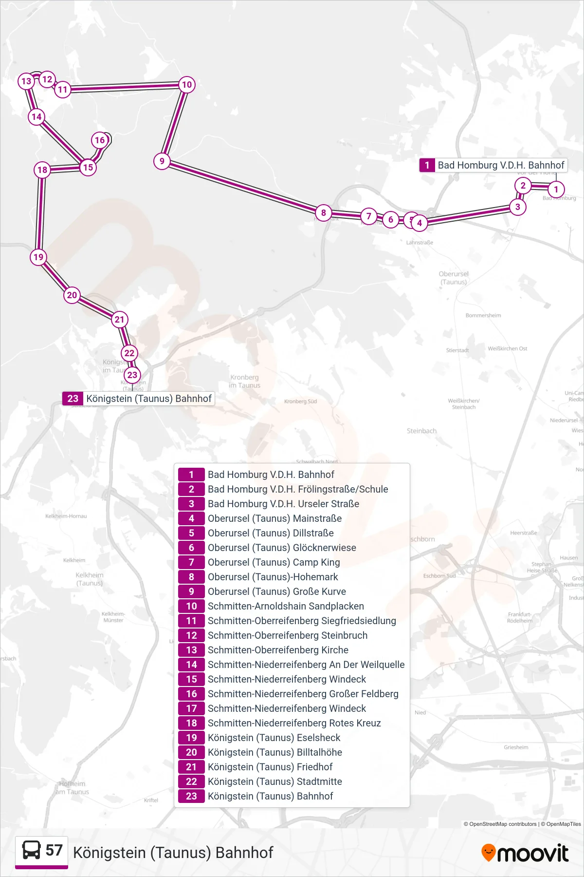 57 bus Line (Königstein (Taunus) Bahnhof) route and stops on a map