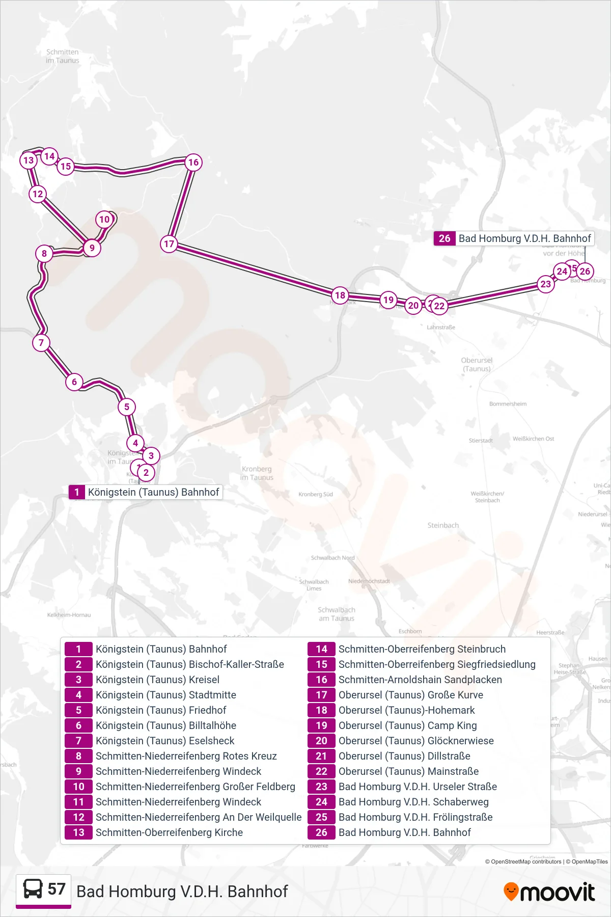 57 bus Line (Bad Homburg V.D.H. Bahnhof) route and stops on a map