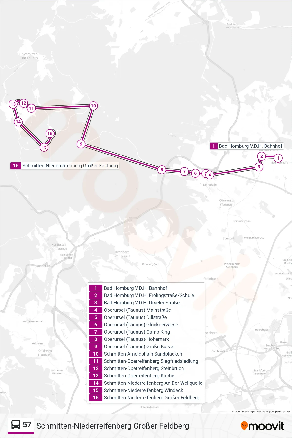 57 bus Line (Schmitten-Niederreifenberg Großer Feldberg) route and stops on a map