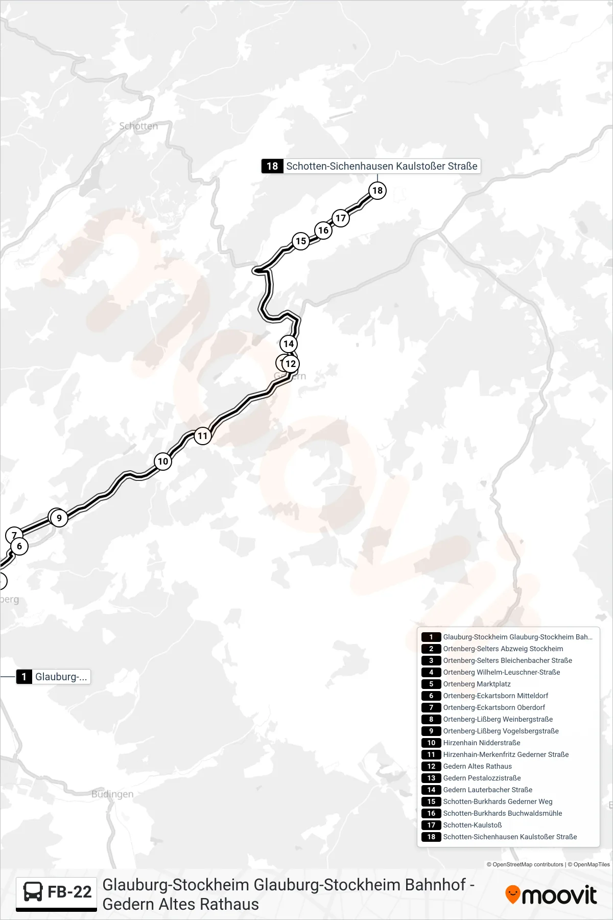 FB-22 bus Line (Schotten-Sichenhausen Kaulstoßer Straße) route and stops on a map