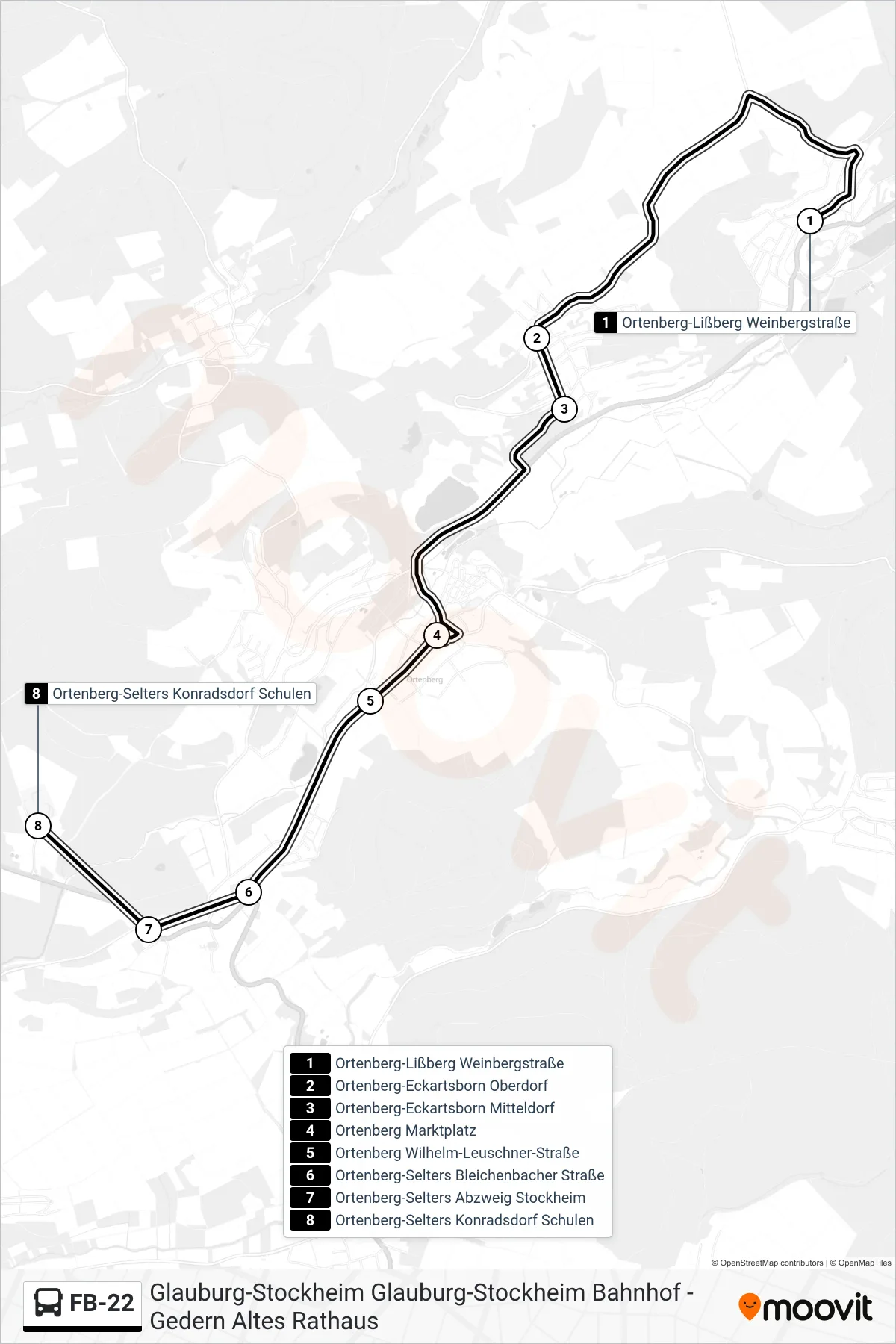 FB-22 bus Line (Ortenberg-Selters Konradsdorf Schulen) route and stops on a map