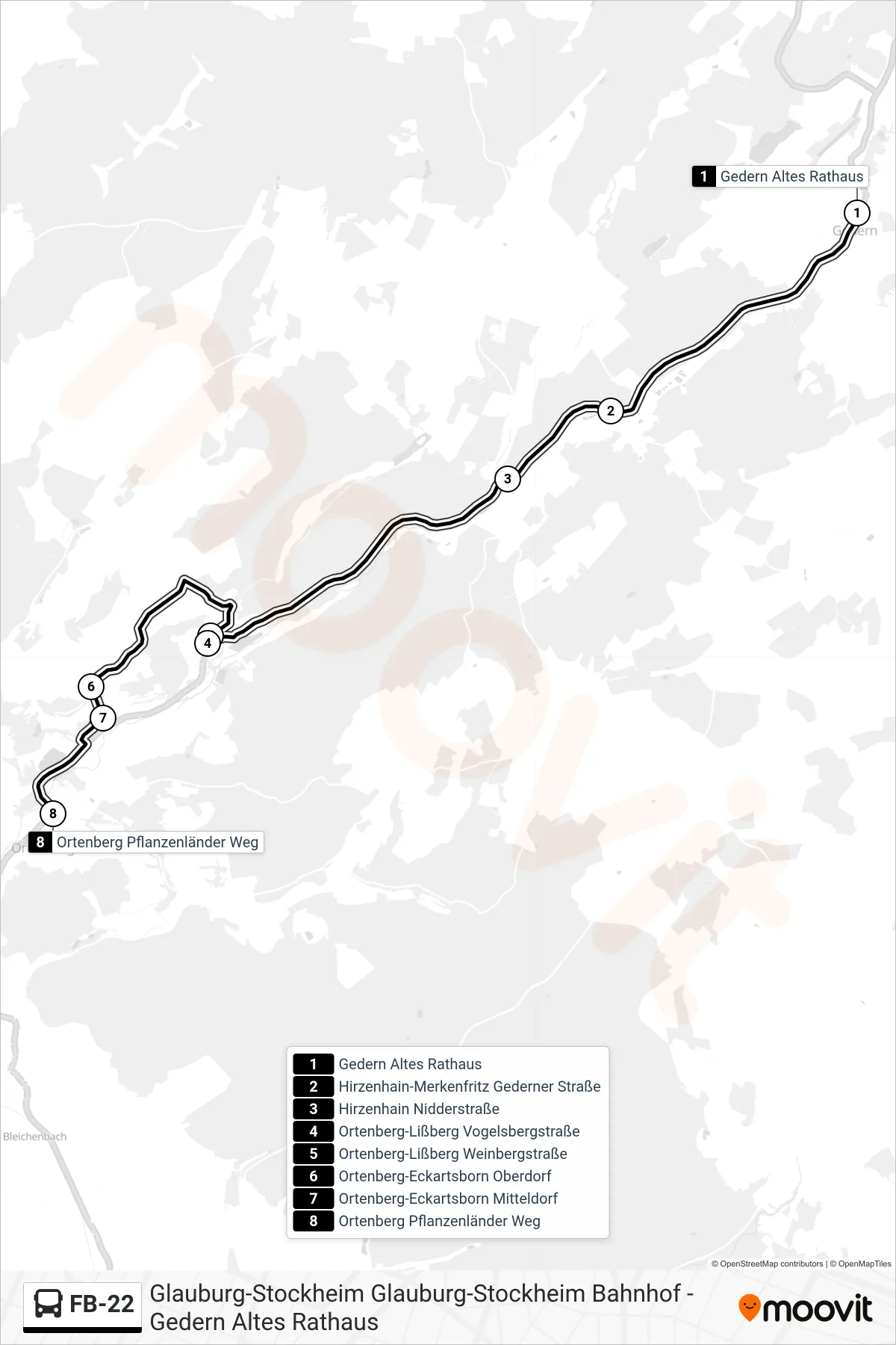 FB-22 bus Line (Ortenberg Pflanzenländer Weg) route and stops on a map