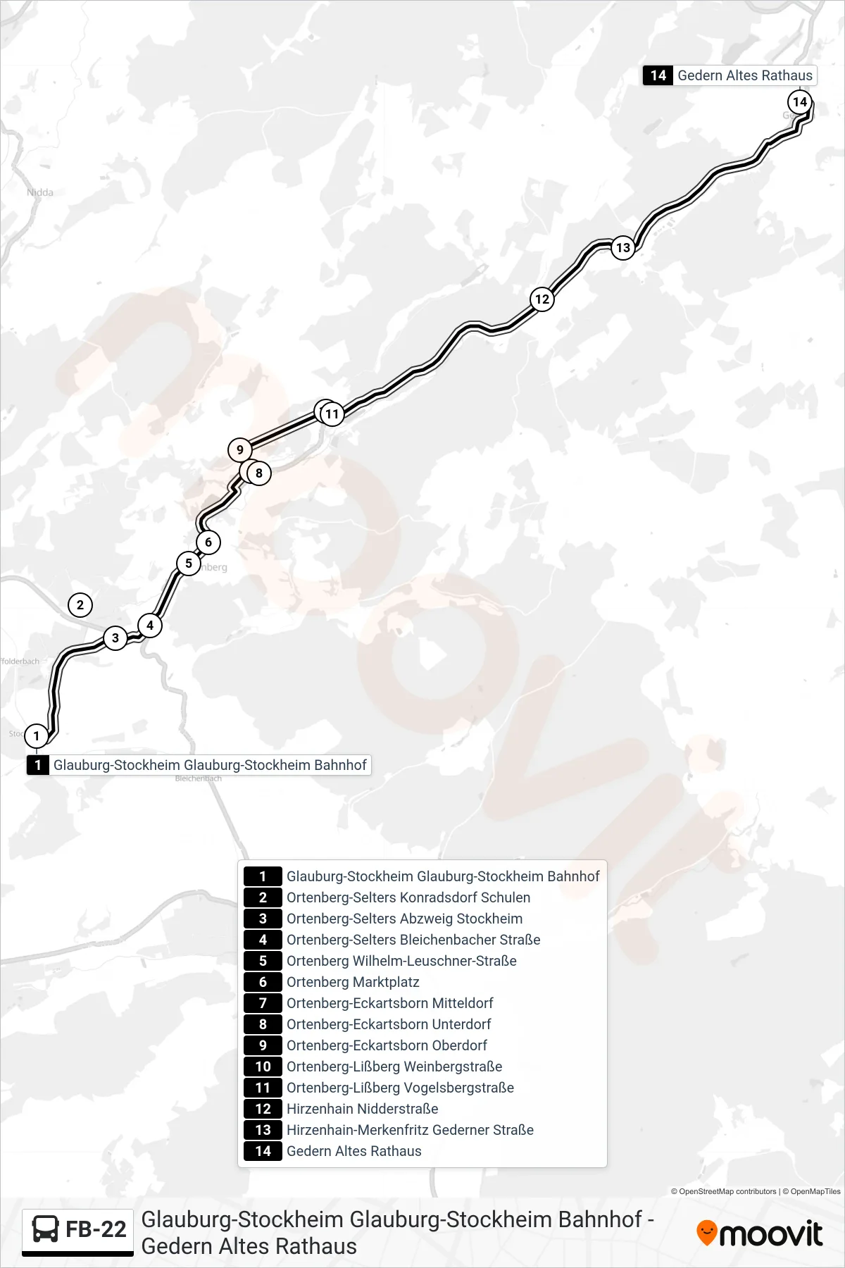 FB-22 bus Line (Gedern Altes Rathaus) route and stops on a map