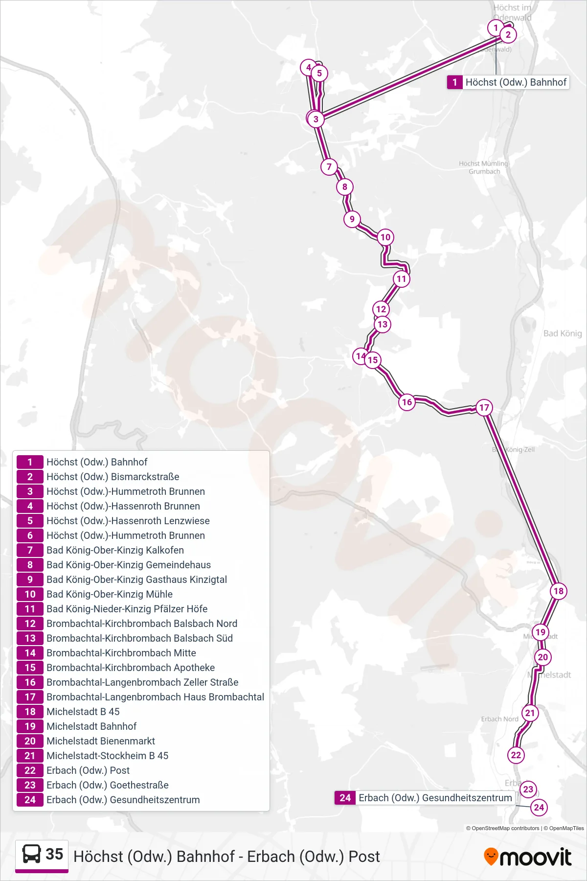 35 bus Line (Erbach) route and stops on a map