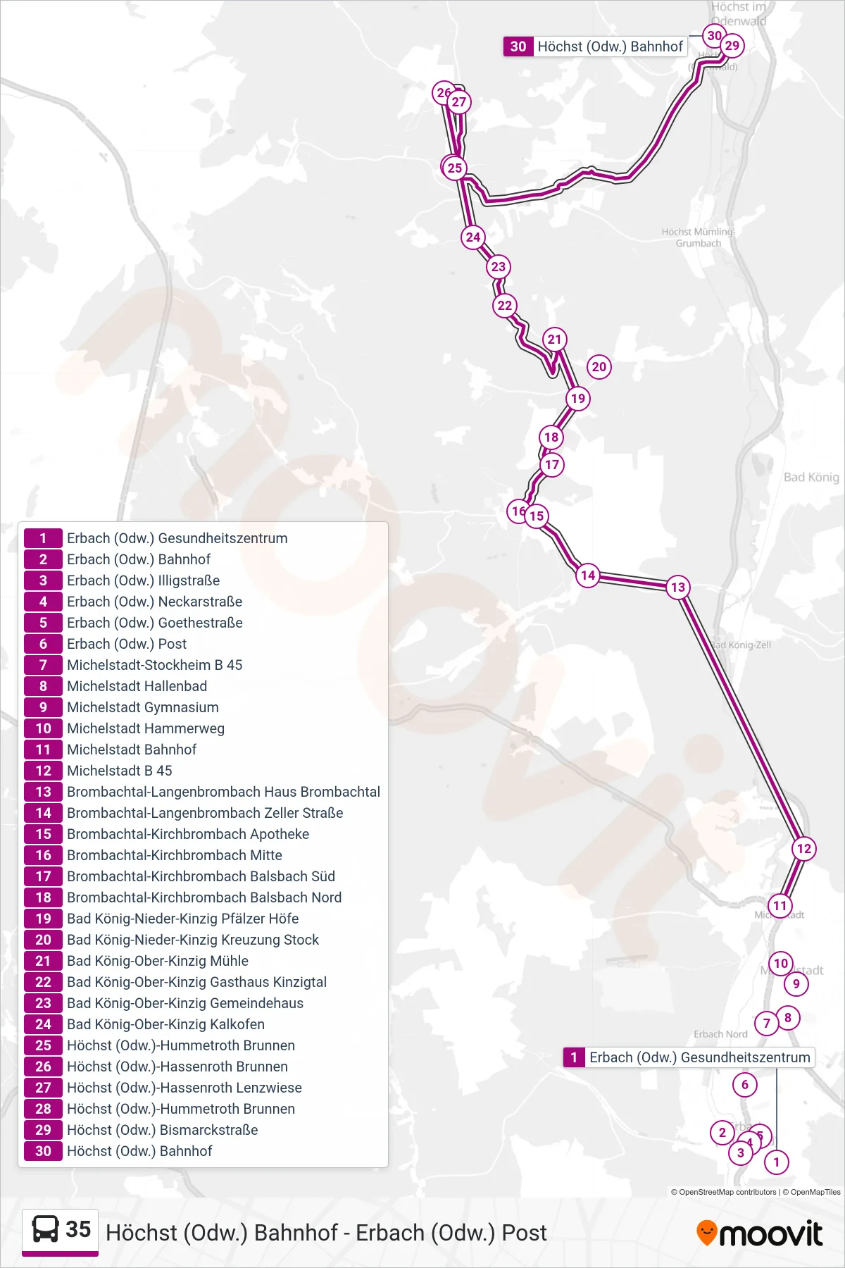 35 bus Line (Höchst) route and stops on a map