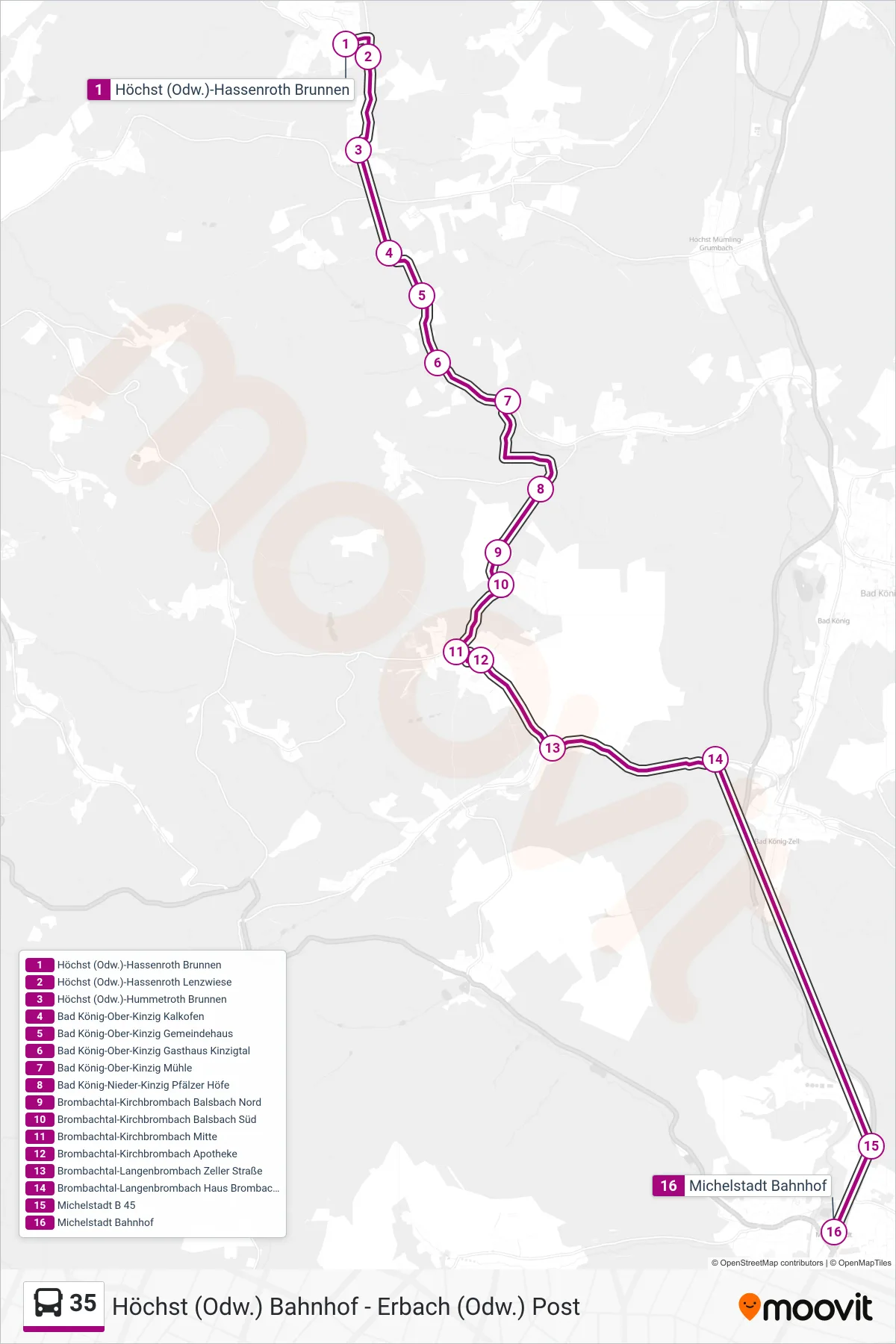 Linie 35 (Bus) Richtung Michelstadt: Route und Haltestellen auf der Karte