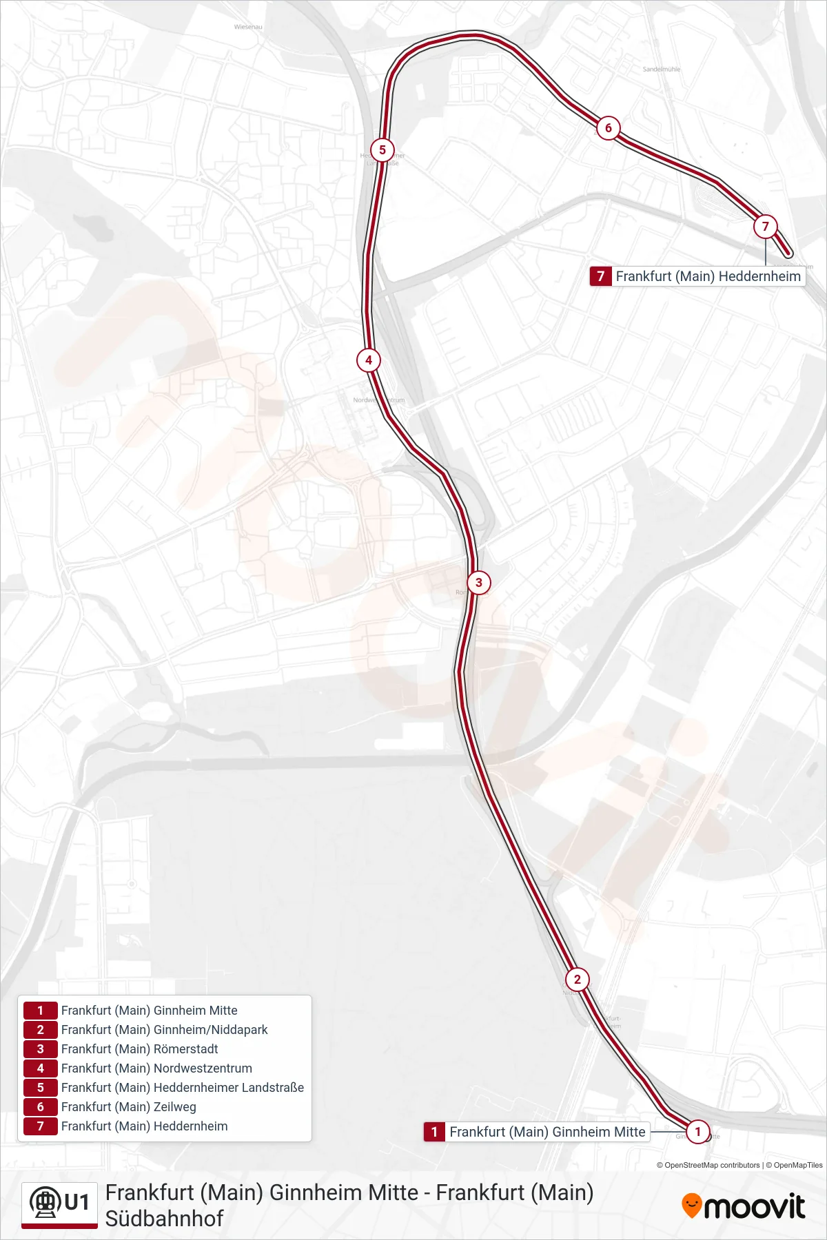 U1 subway Line (Frankfurt (Main) Heddernheim) route and stops on a map